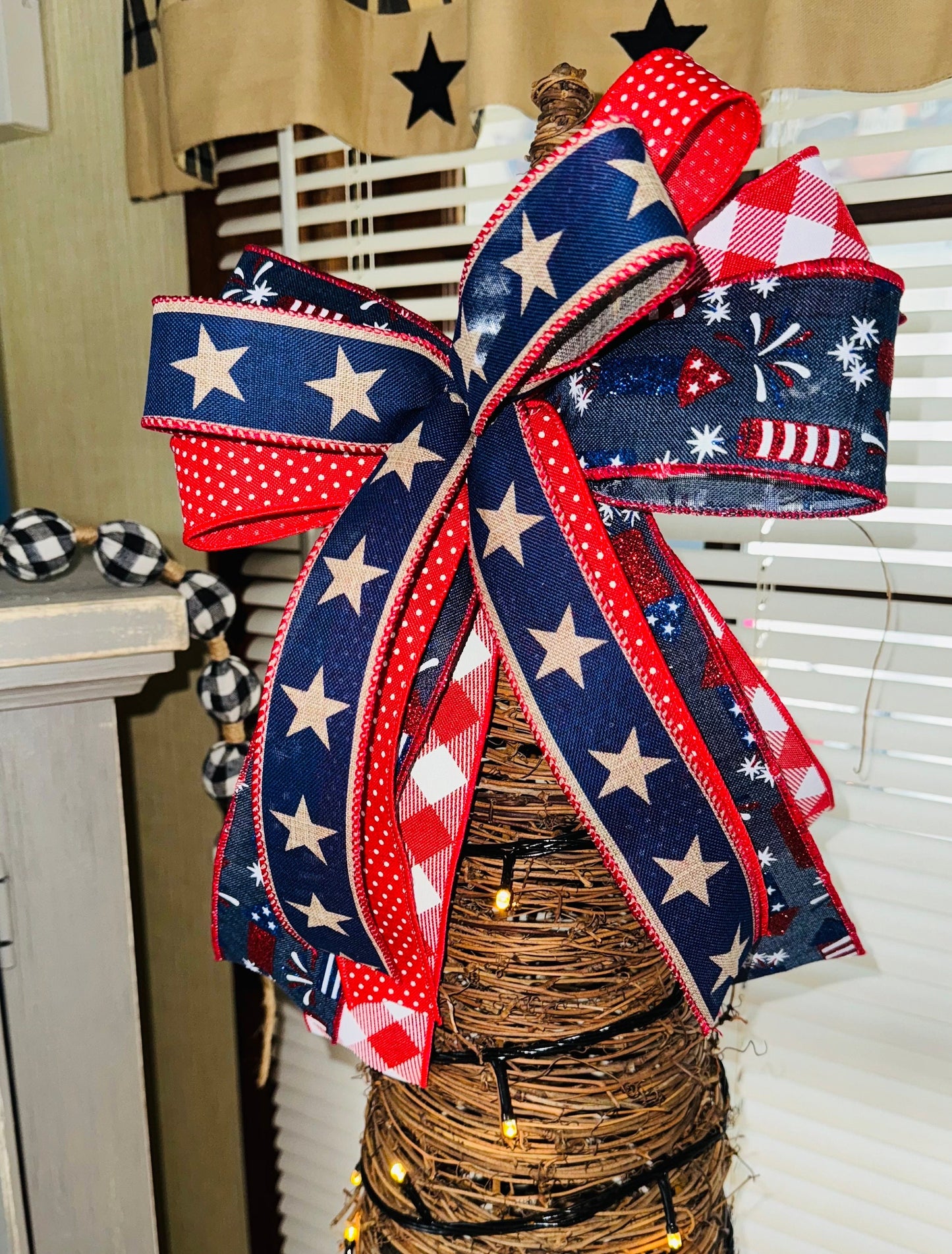 Rustic patriotic bow for wreath July 4th decorating bow farmhouse patriotic lantern bow red white and blue bow Americana Bow Memorial Bow