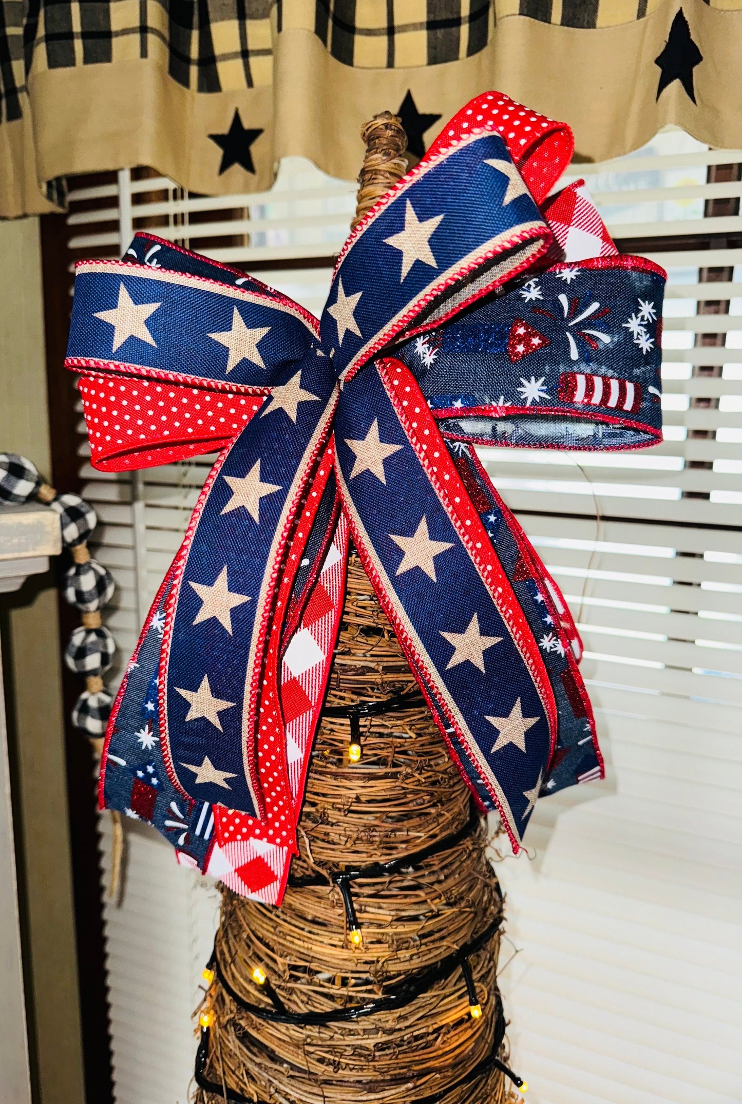 Rustic patriotic bow for wreath July 4th decorating bow farmhouse patriotic lantern bow red white and blue bow Americana Bow Memorial Bow