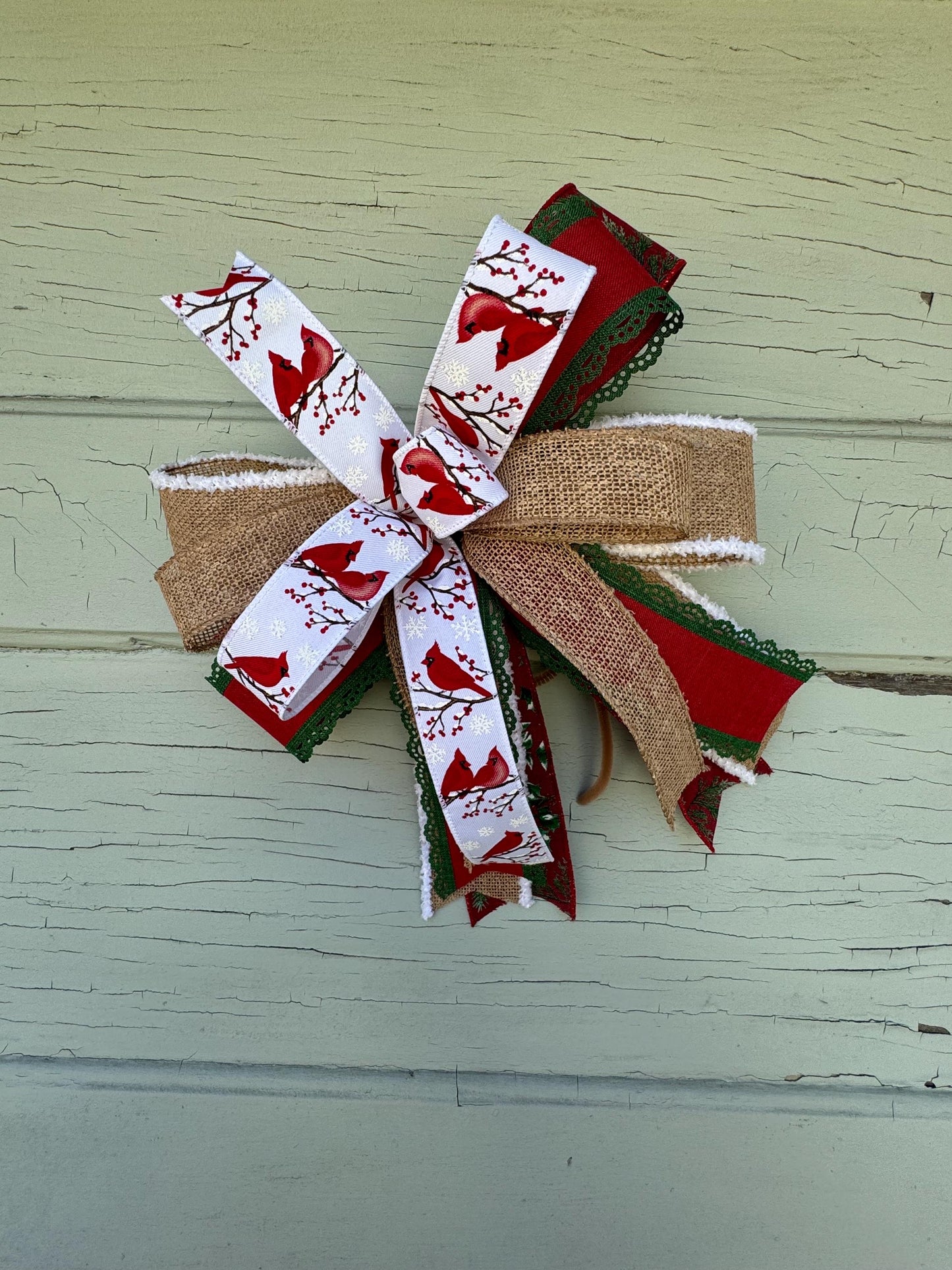 Cardinal Christmas Bow - Rustic Cardinal Tree Topper - Red and Green Holiday Bow - Burlap Winter Bow - Christmas Wreath Bow, Natural Bow