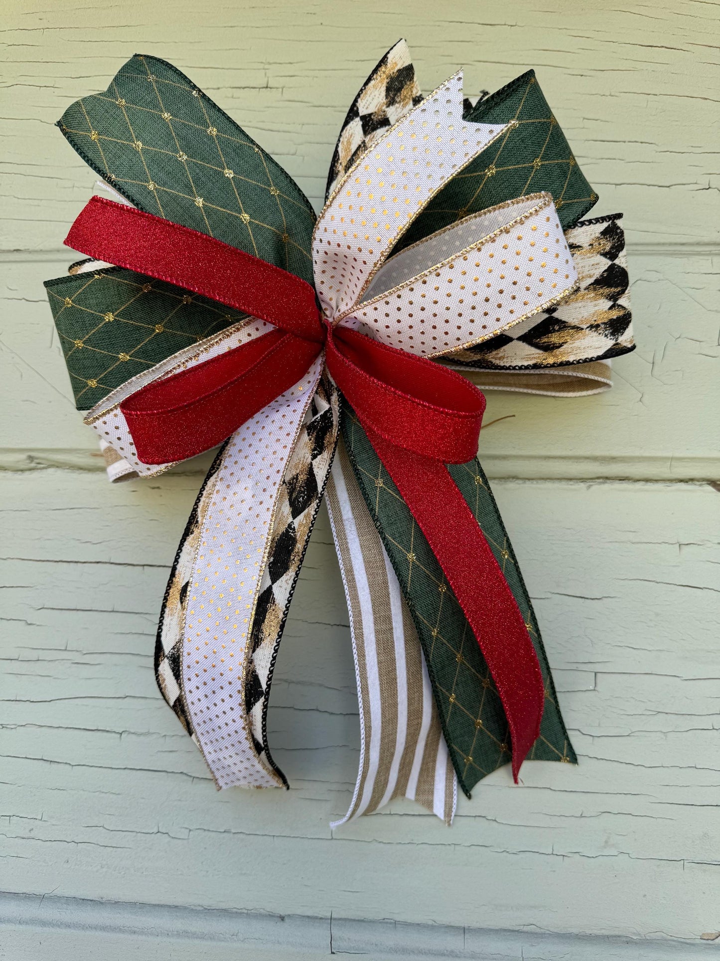 Elegant Green and Gold Christmas Bow - Rustic Glam Holiday Bow - Farmhouse Tree Topper Bow - Red and Black Plaid Bow - Handmade Wreath Bow
