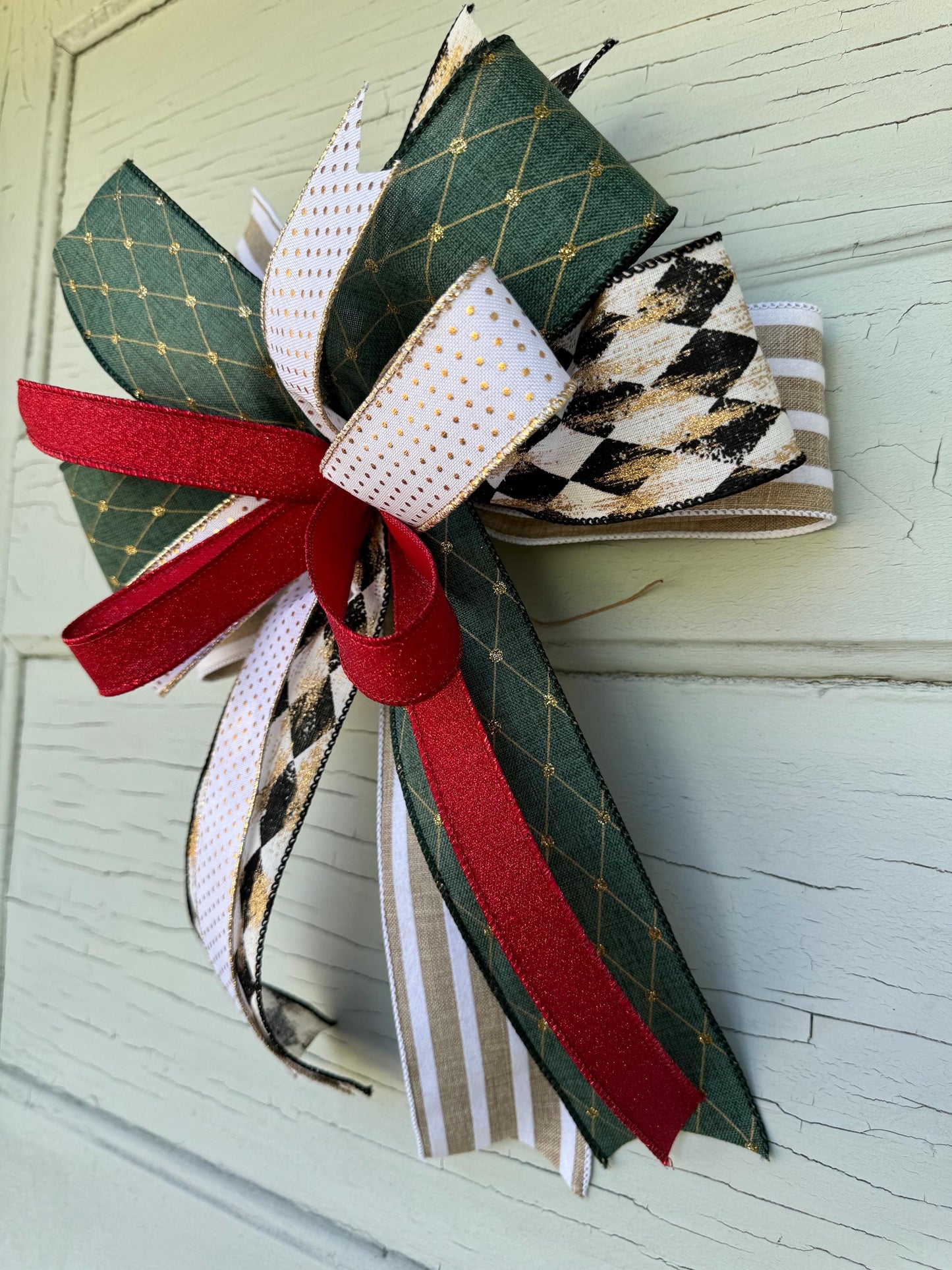 Elegant Green and Gold Christmas Bow - Rustic Glam Holiday Bow - Farmhouse Tree Topper Bow - Red and Black Plaid Bow - Handmade Wreath Bow