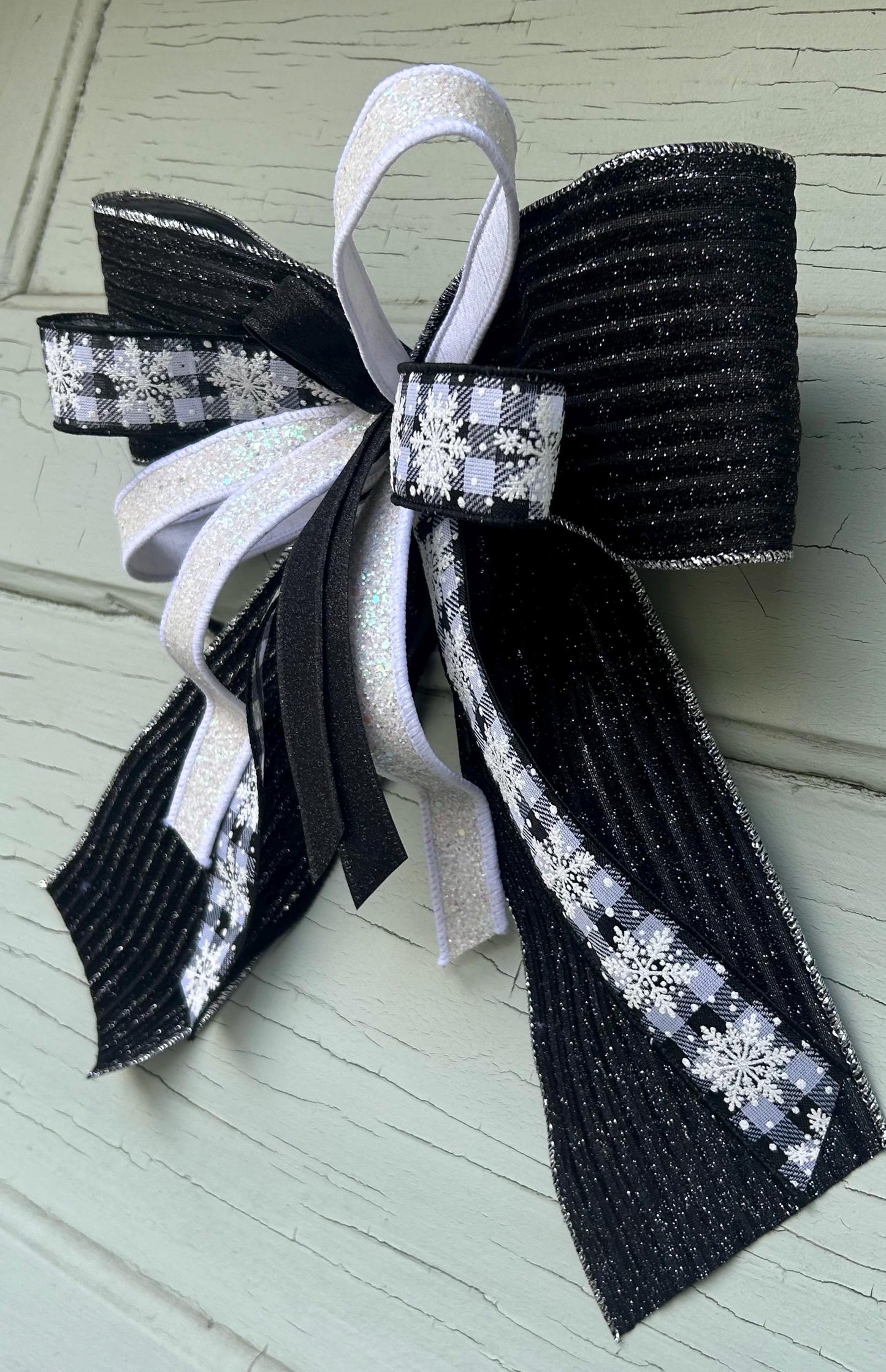 Black Velvet and Buffalo plaid Winter Bow with Snowflakes