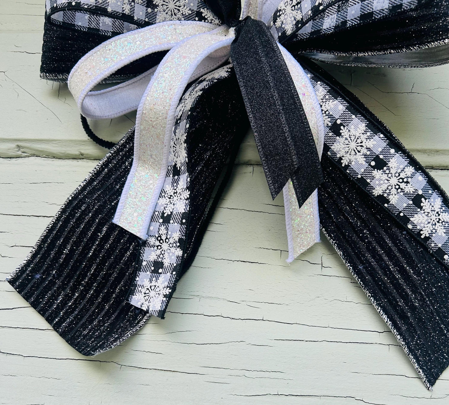 Black Velvet and Buffalo plaid Winter Bow with Snowflakes