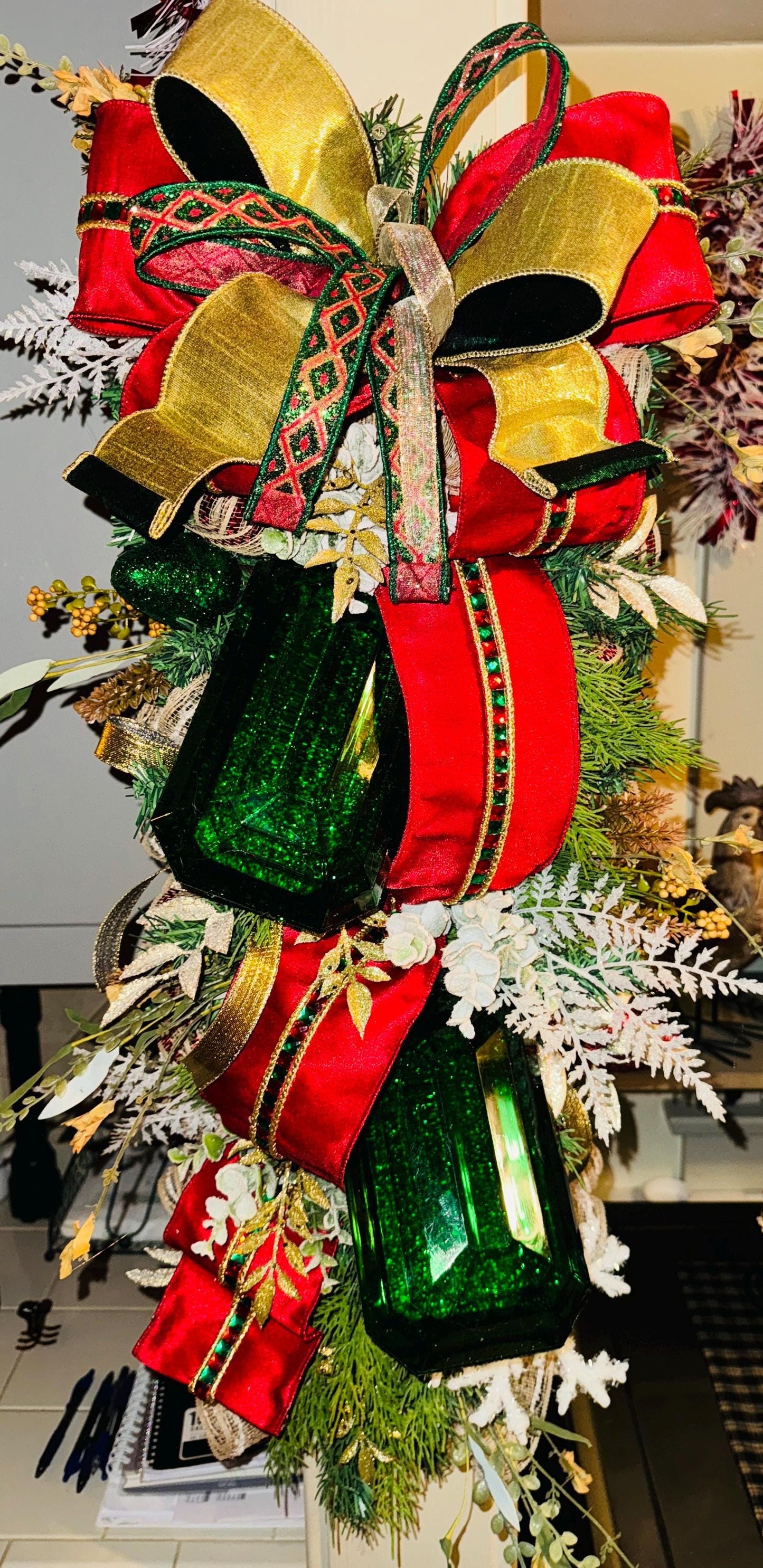 Winter Christmas Swag with Emarld Green Large Gems and jeweled Ribbon Elegant Long Christmas Swag with Jewels