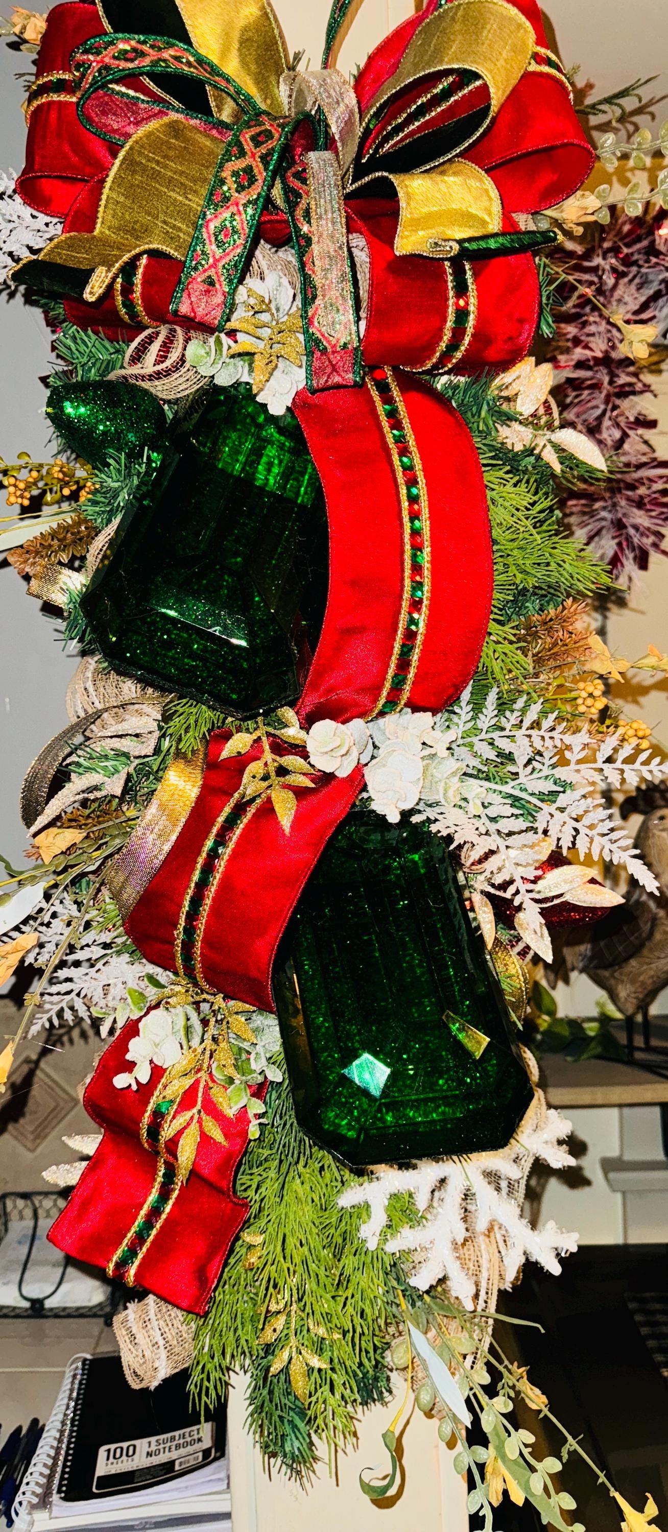 Winter Christmas Swag with Emarld Green Large Gems and jeweled Ribbon Elegant Long Christmas Swag with Jewels