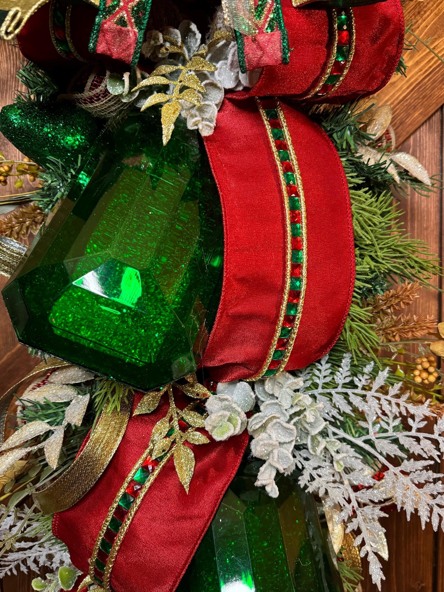 Winter Christmas Swag with Emarld Green Large Gems and jeweled Ribbon Elegant Long Christmas Swag with Jewels