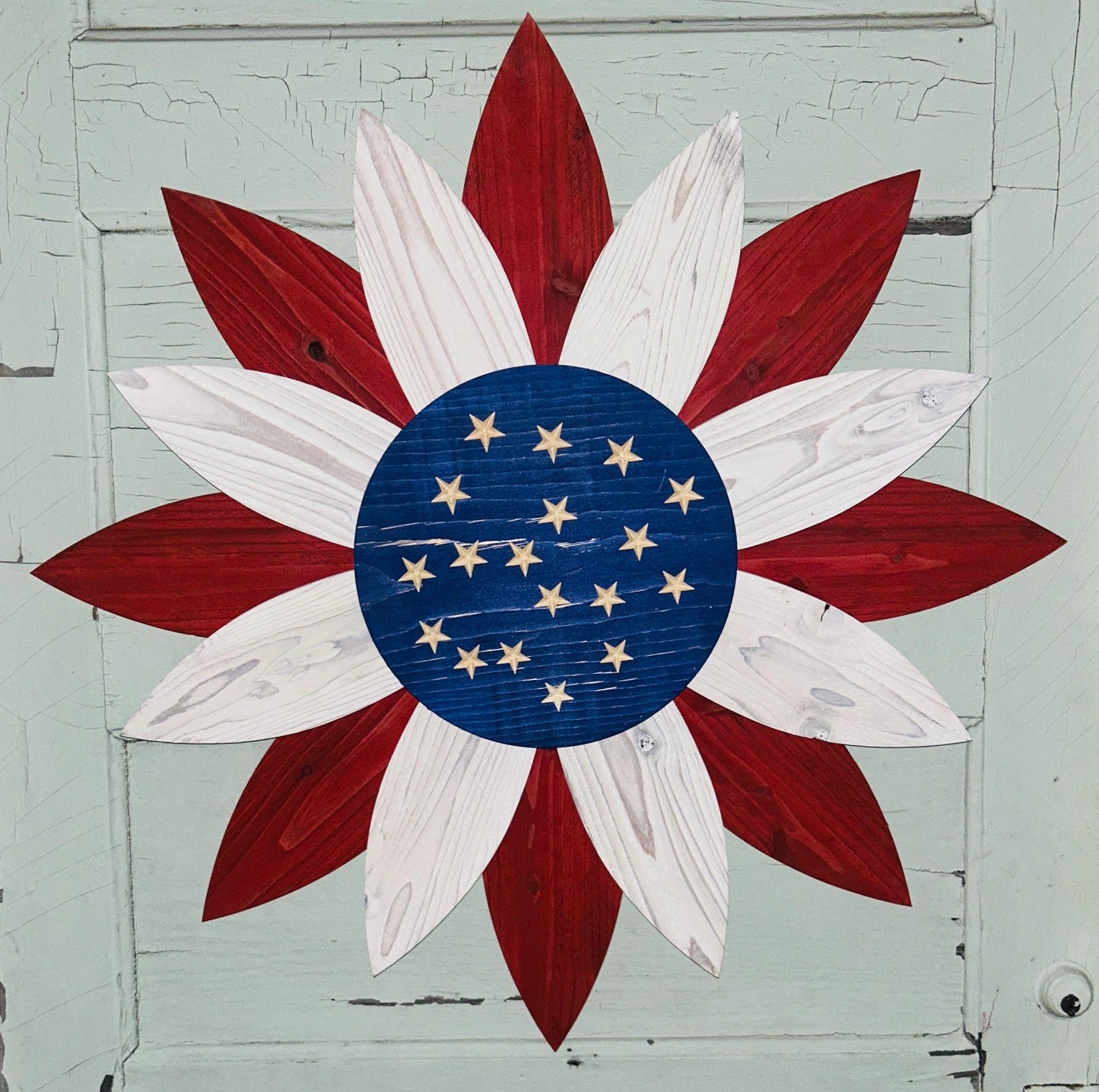 Patriotic Flower Wooden Rustic Farmhouse Flower Memorial Flower American Flag Door Hanger Flower for Veteran 4th of July Decor Porch Flower