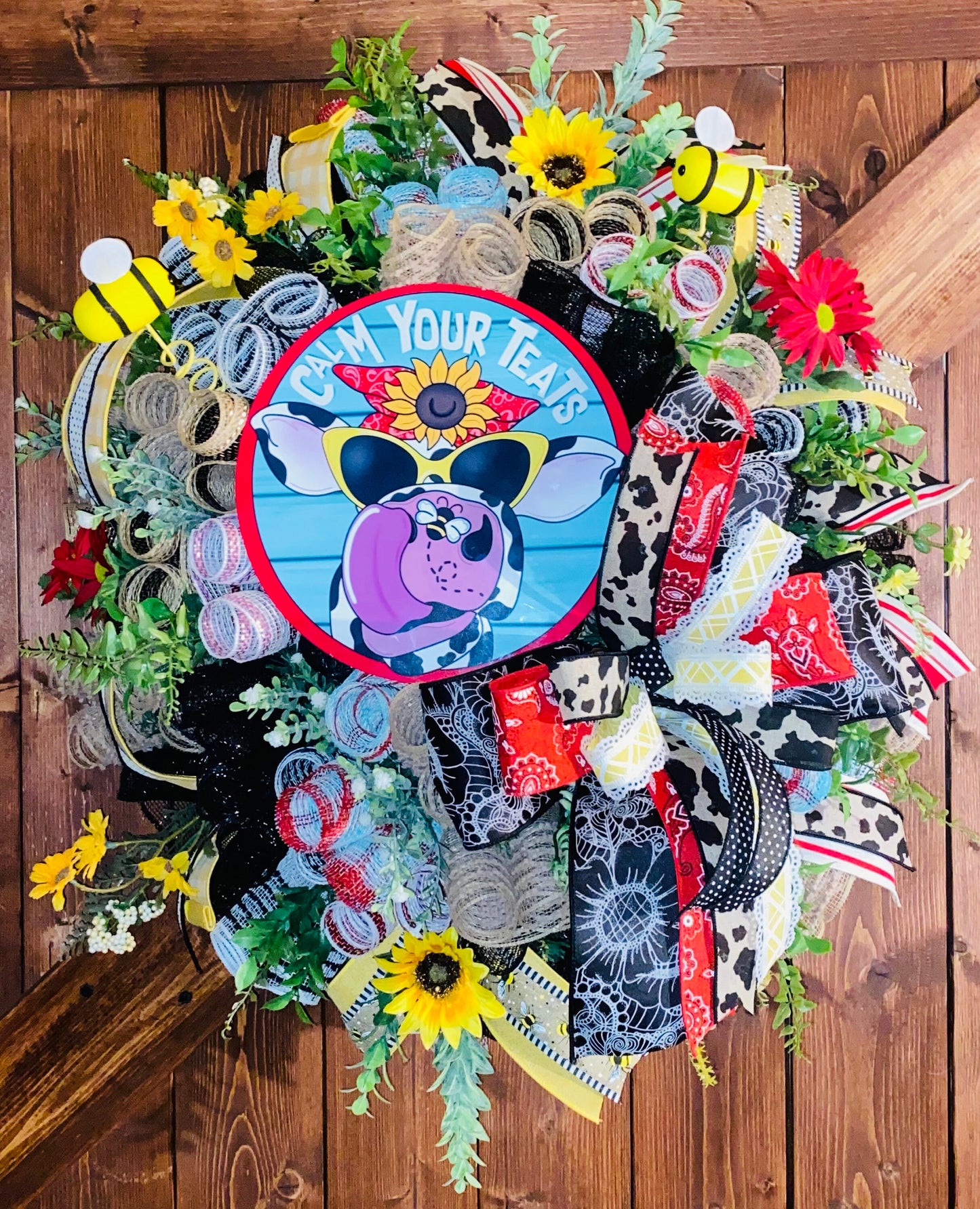 Cow Wreath Funny Door Decor Summer Wreath Wall Decor Farmhouse Wall Decor Cow Porch Decor Large Cow Wreath Sunflower Wreath Mushroom Wreath