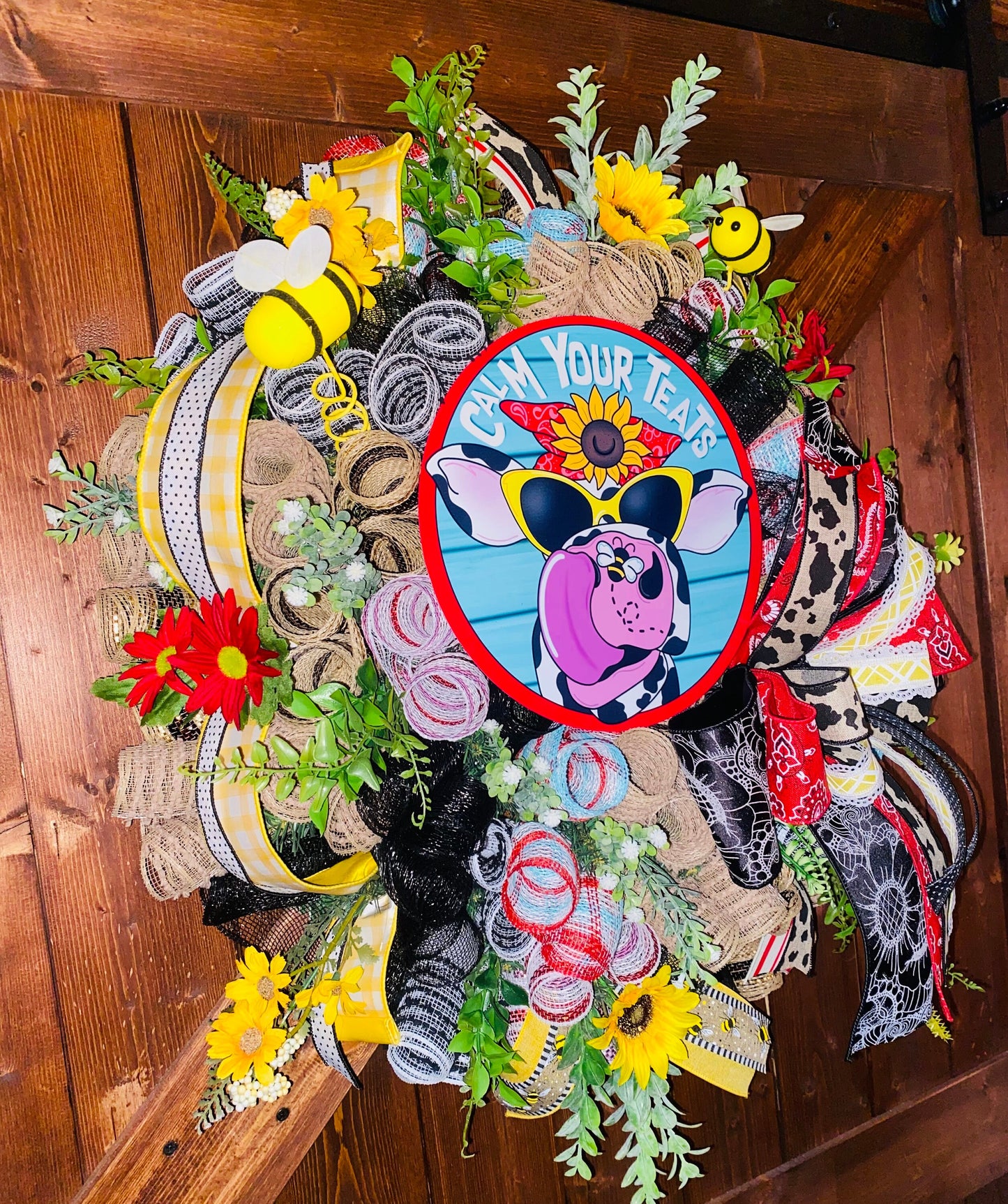 Cow Wreath Funny Door Decor Summer Wreath Wall Decor Farmhouse Wall Decor Cow Porch Decor Large Cow Wreath Sunflower Wreath Mushroom Wreath