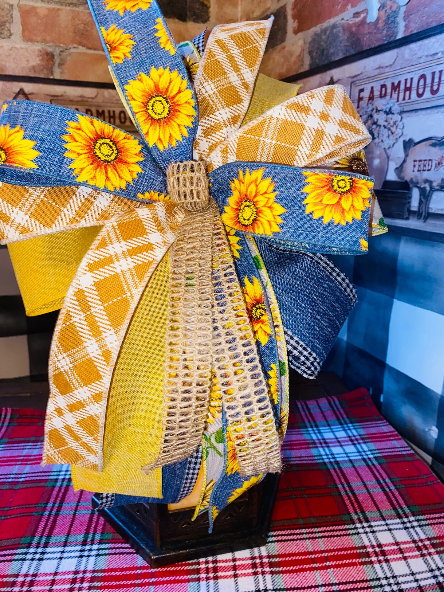 Sunflower Fall Bow, Sunflower Ribbon, farmhouse Bow, Country Bow, Lantern Bow, Mantle Bow, Gift Bow, Sunflower Gift, Bow for Boxwood Wreath