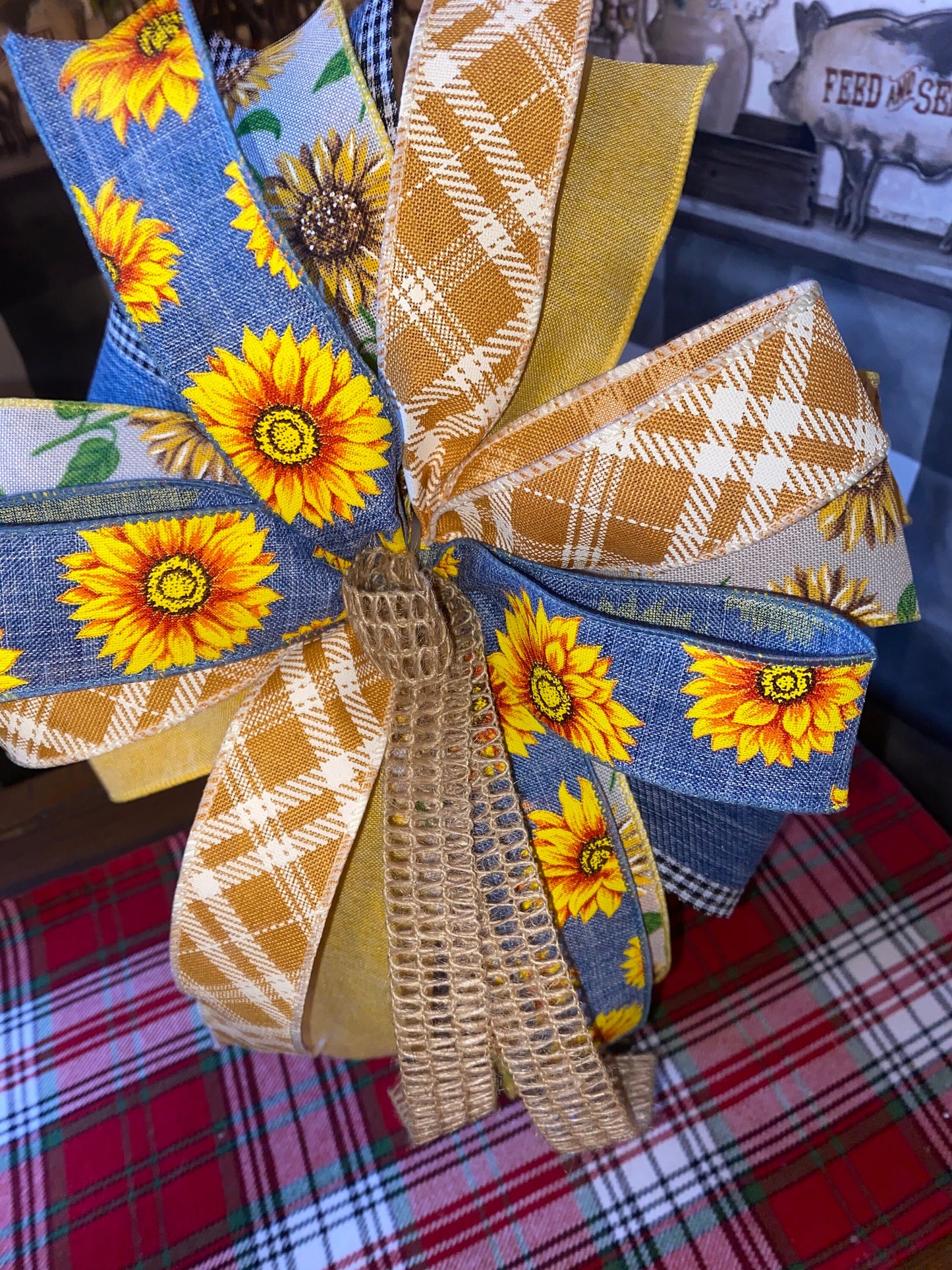 Sunflower Fall Bow, Sunflower Ribbon, farmhouse Bow, Country Bow, Lantern Bow, Mantle Bow, Gift Bow, Sunflower Gift, Bow for Boxwood Wreath