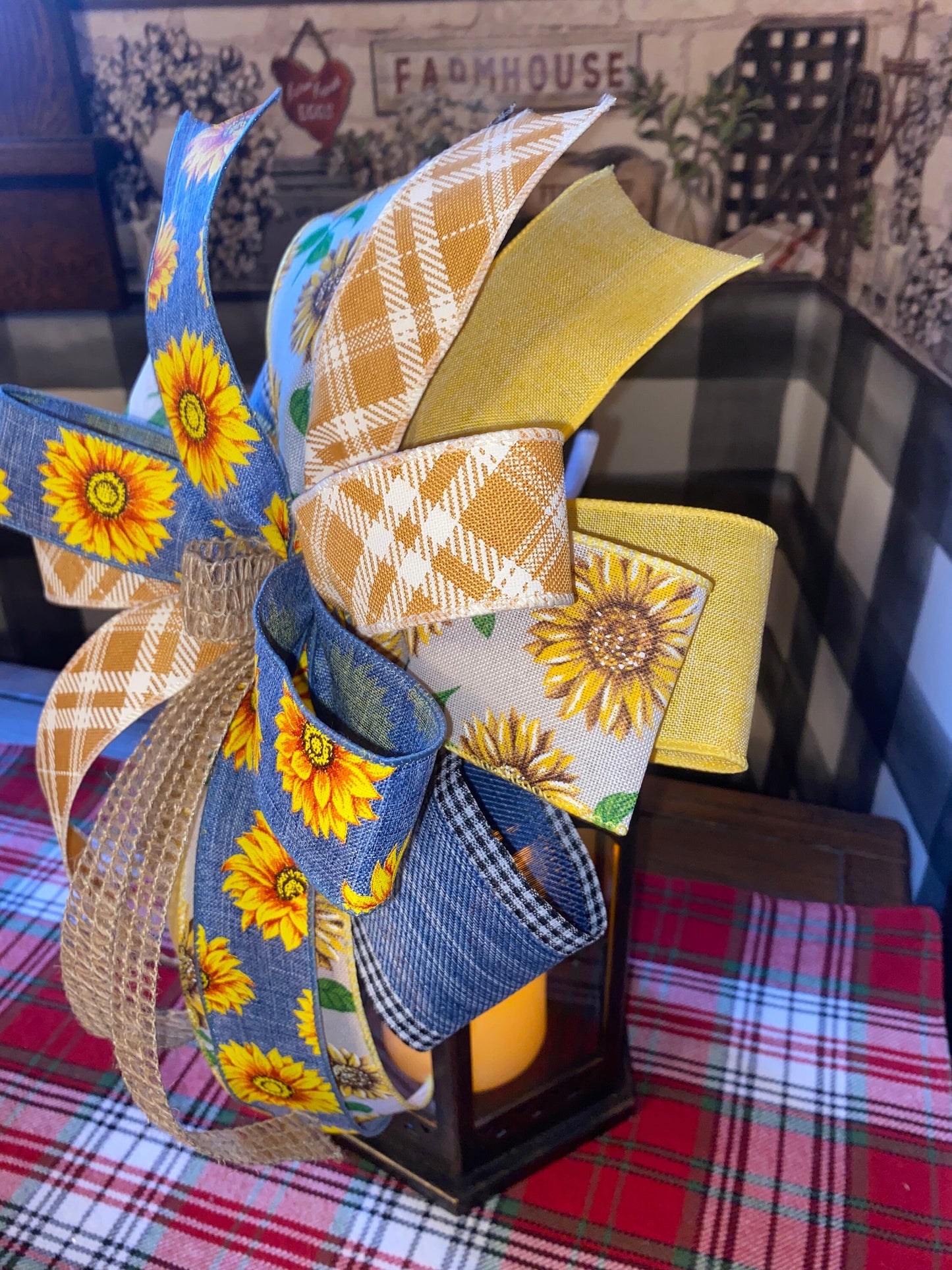 Sunflower Fall Bow, Sunflower Ribbon, farmhouse Bow, Country Bow, Lantern Bow, Mantle Bow, Gift Bow, Sunflower Gift, Bow for Boxwood Wreath