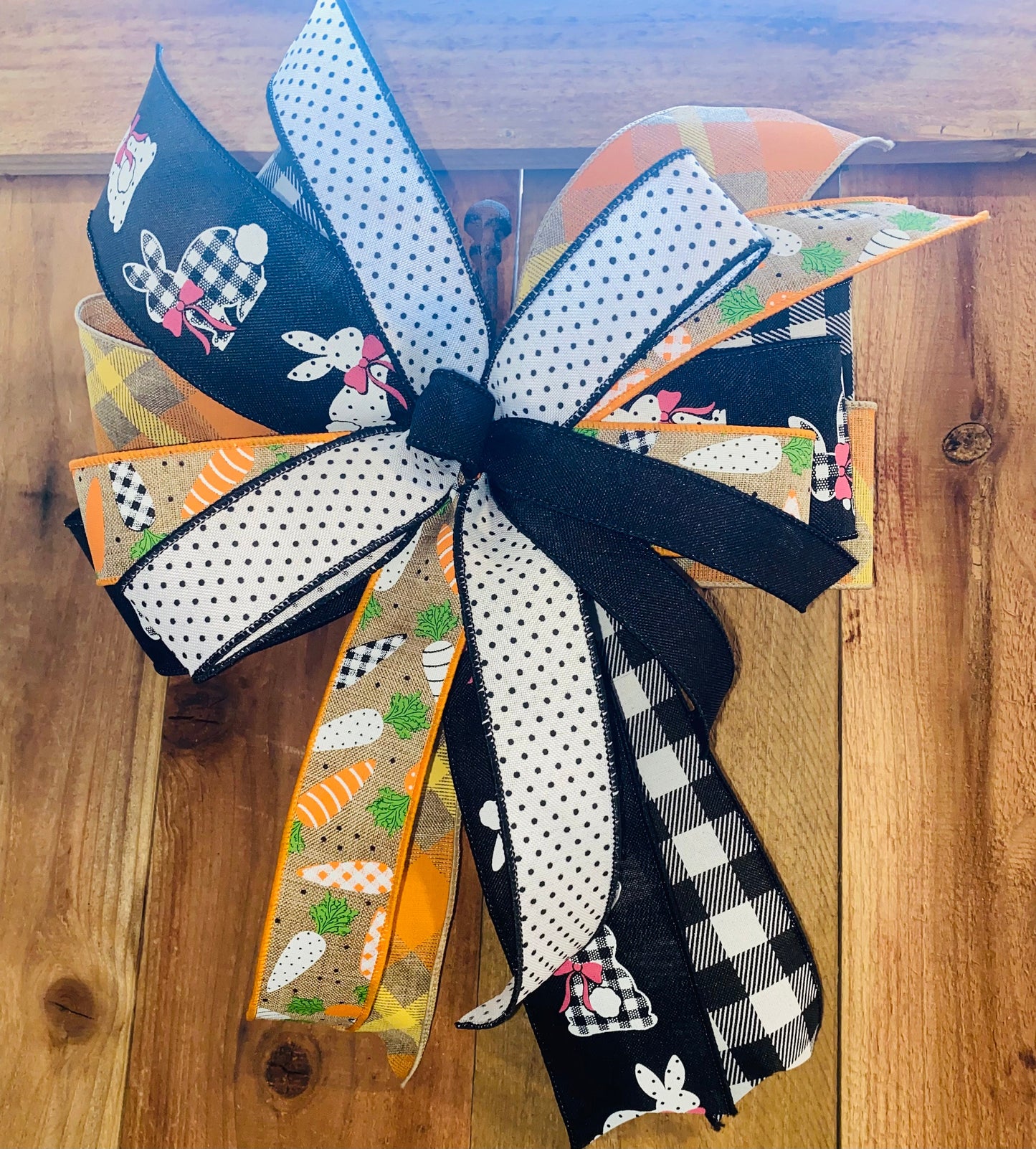 Easter Bow Spring Layered ribbon carrots neutral wreath Lantern for decoration with tails centerpiece white with black dots bunny