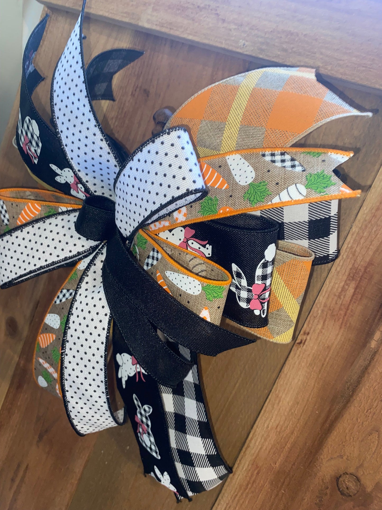 Easter Bow Spring Layered ribbon carrots neutral wreath Lantern for decoration with tails centerpiece white with black dots bunny