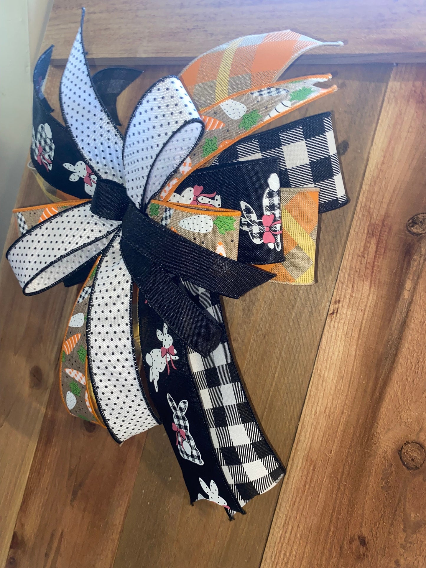 Easter Bow Spring Layered ribbon carrots neutral wreath Lantern for decoration with tails centerpiece white with black dots bunny
