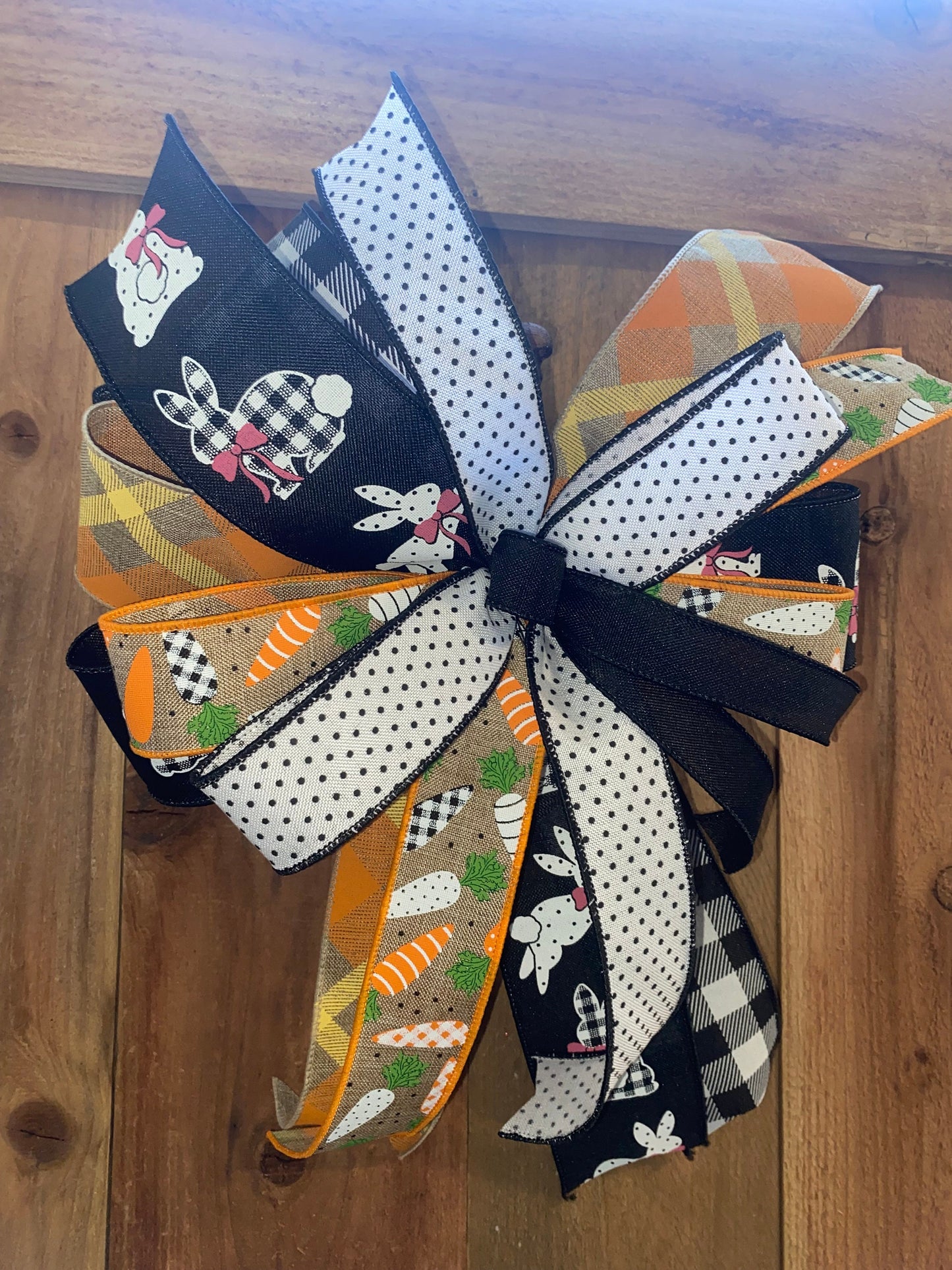 Easter Bow Spring Layered ribbon carrots neutral wreath Lantern for decoration with tails centerpiece white with black dots bunny