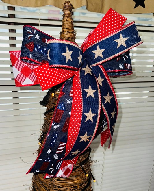 Rustic patriotic bow for wreath July 4th decorating bow farmhouse patriotic lantern bow red white and blue bow Americana Bow Memorial Bow
