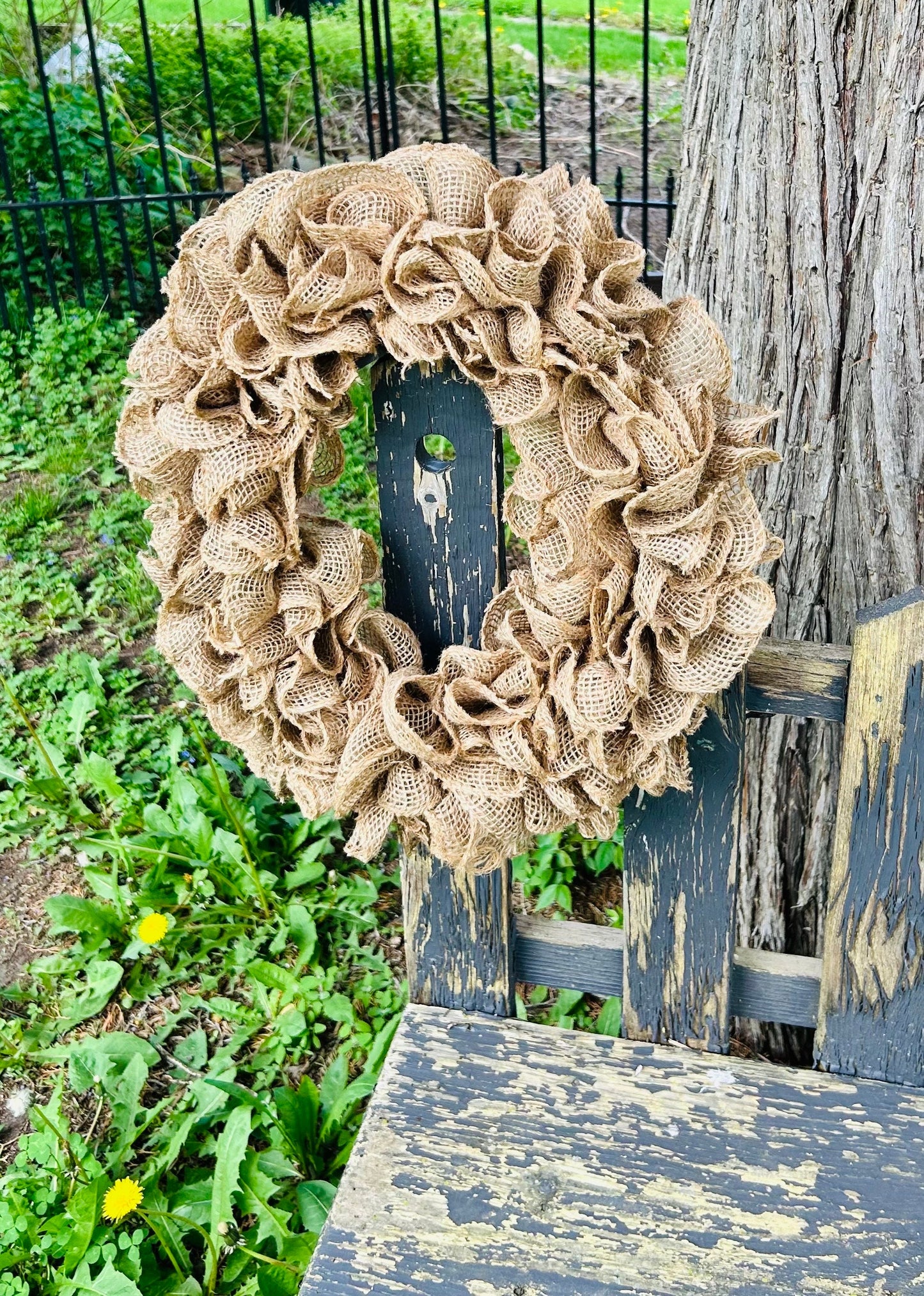 Natural Burlap Ruffled wreath all year round door decor everyday rustic farmhouse minimalist tan gift housewarming outdoor indooor wall art