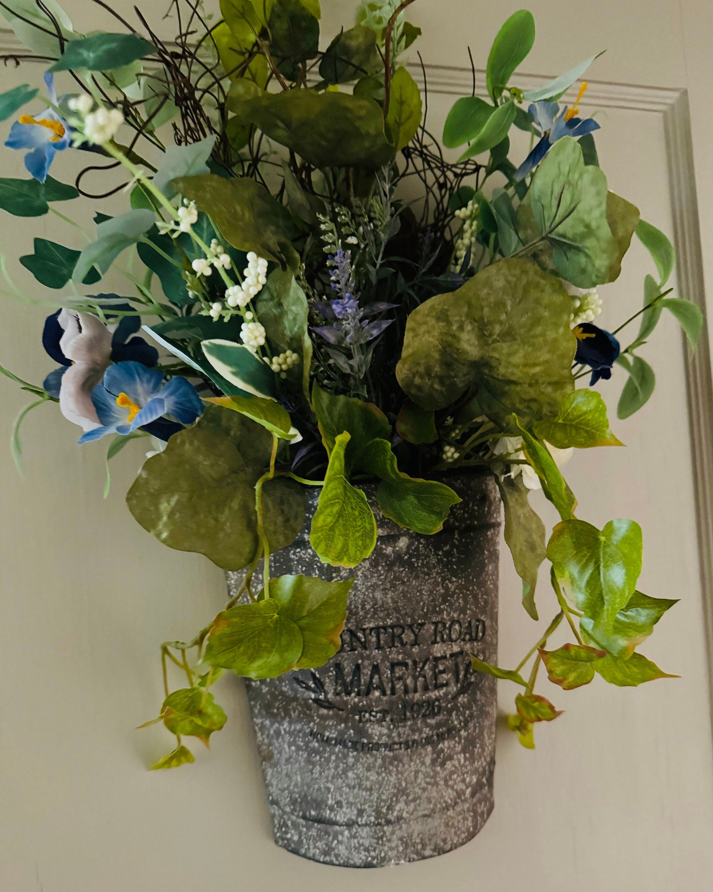 flower arrangement hanging basket, arrangement with ivy and petunias,  handmade floral design for your home gift, wall decor entry farmhouse