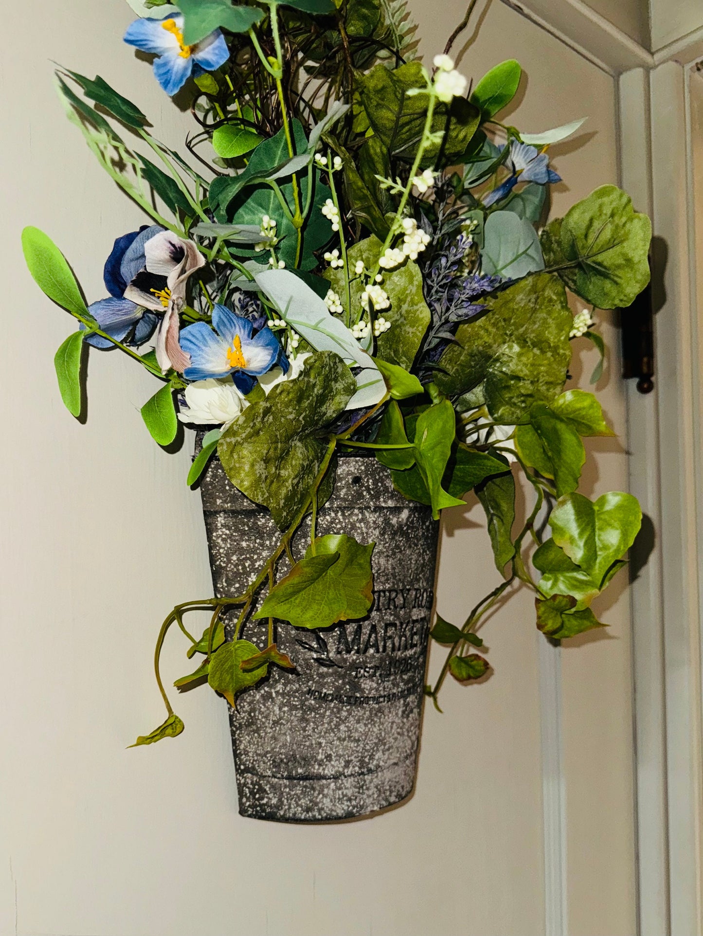 flower arrangement hanging basket, arrangement with ivy and petunias,  handmade floral design for your home gift, wall decor entry farmhouse