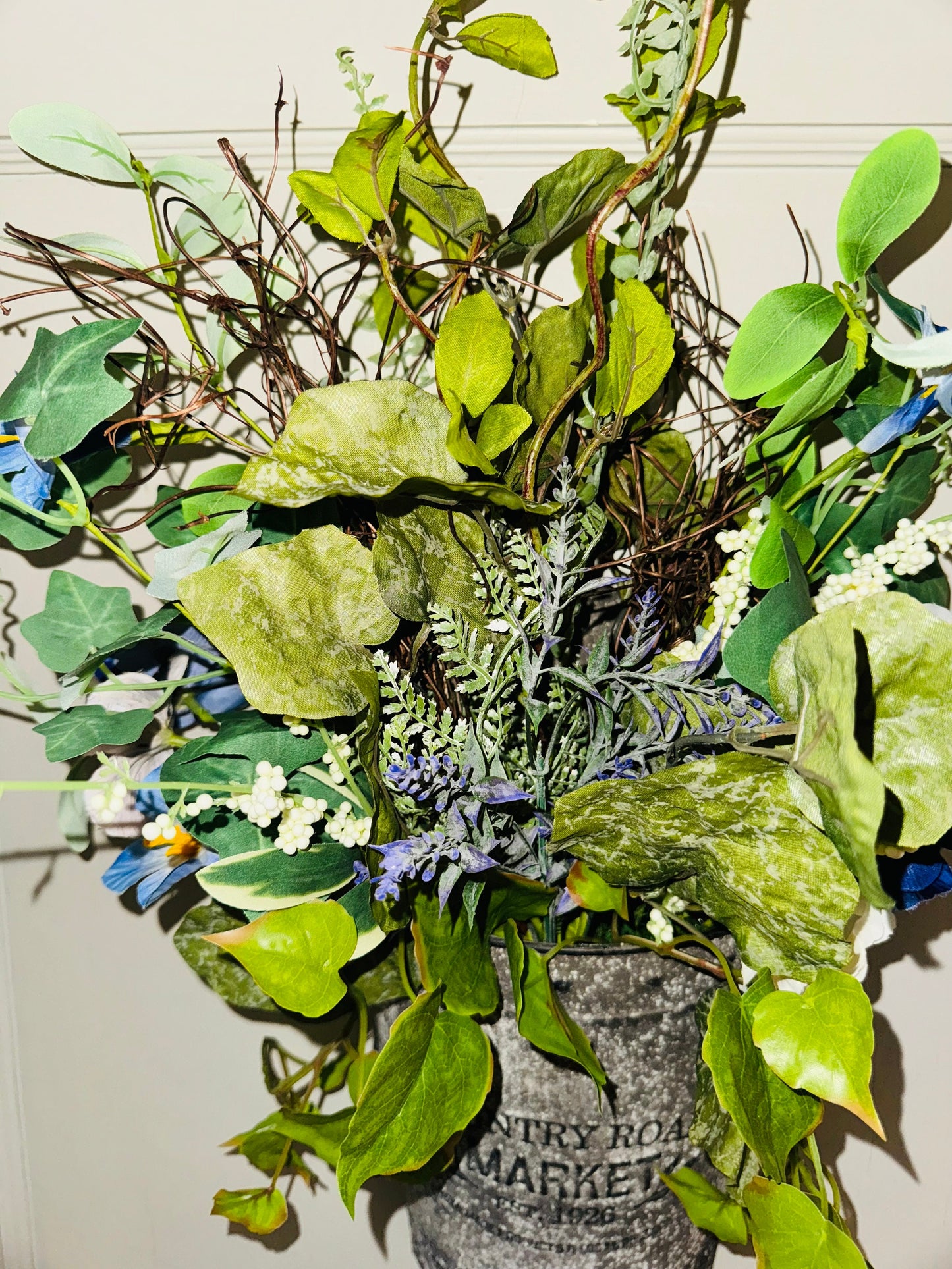 flower arrangement hanging basket, arrangement with ivy and petunias,  handmade floral design for your home gift, wall decor entry farmhouse