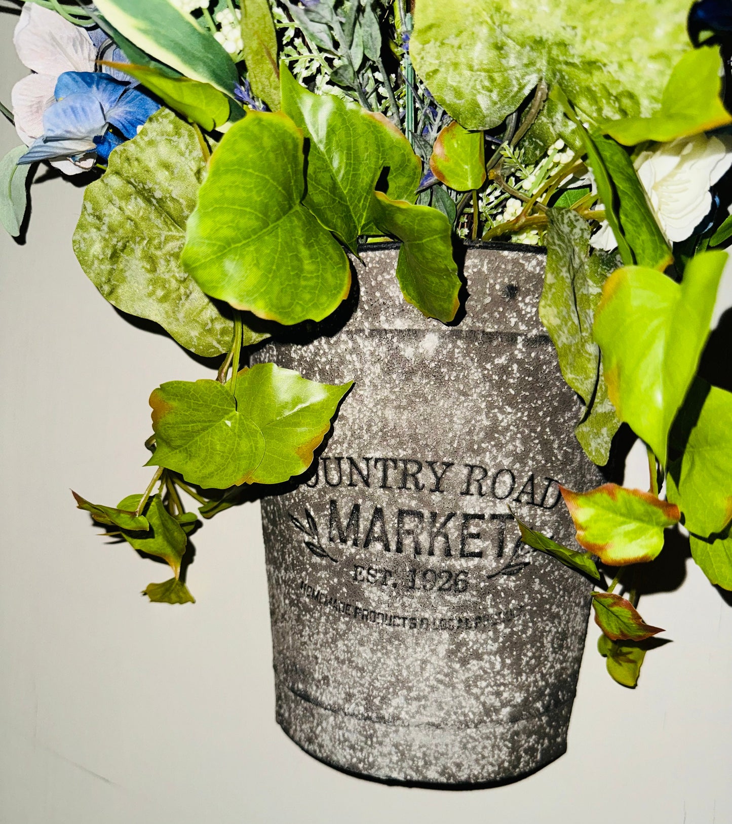 flower arrangement hanging basket, arrangement with ivy and petunias,  handmade floral design for your home gift, wall decor entry farmhouse