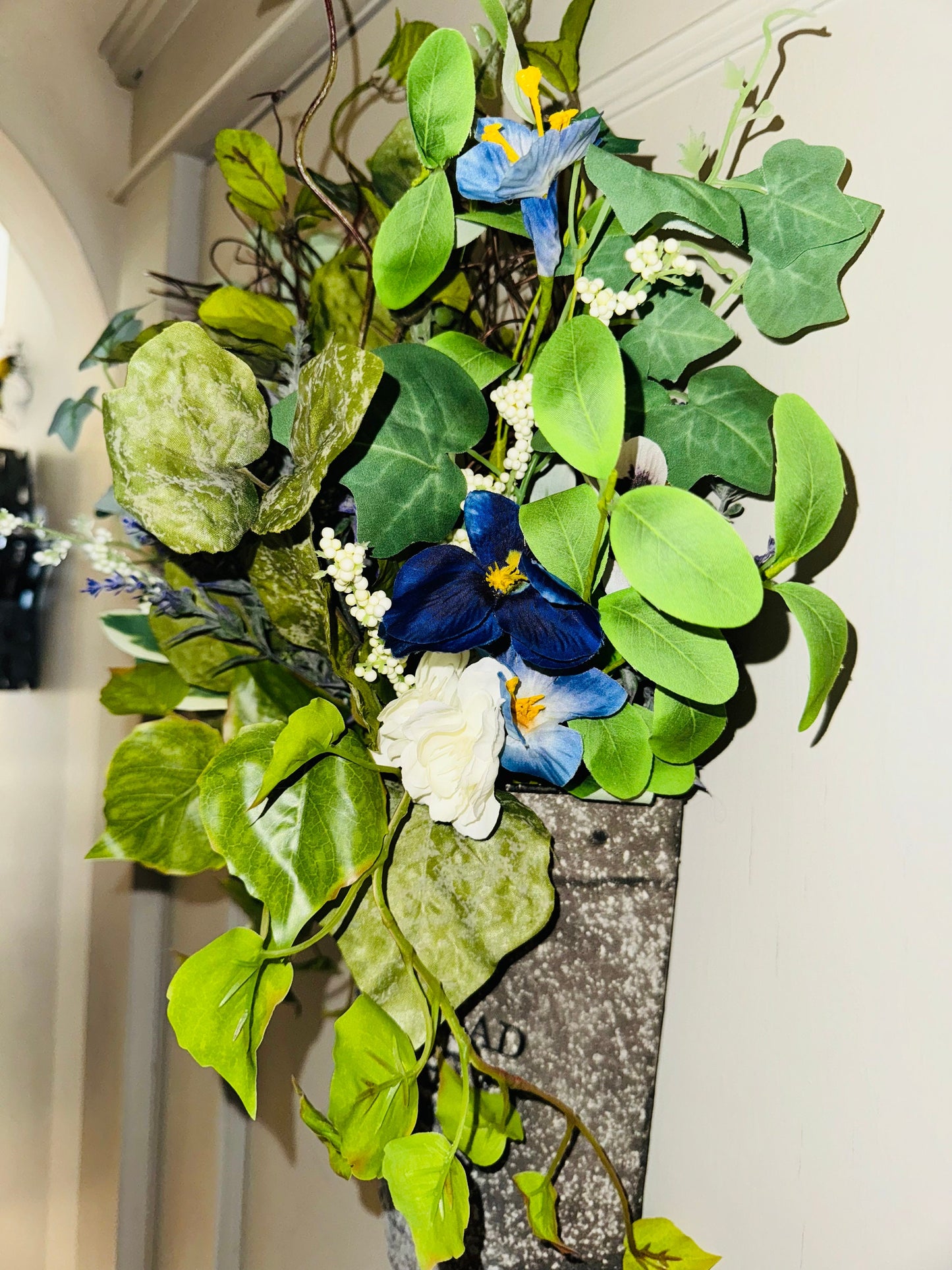 flower arrangement hanging basket, arrangement with ivy and petunias,  handmade floral design for your home gift, wall decor entry farmhouse