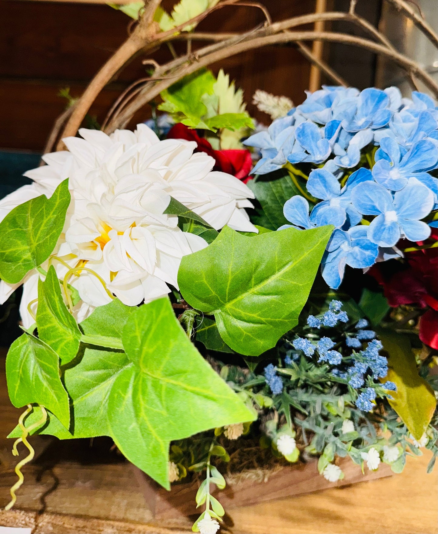 Floral Centerpiece Arrangement Americana Flower arrangement Fsrmhouse floral arrangement coffee table floral centerpiece kitchen table decor