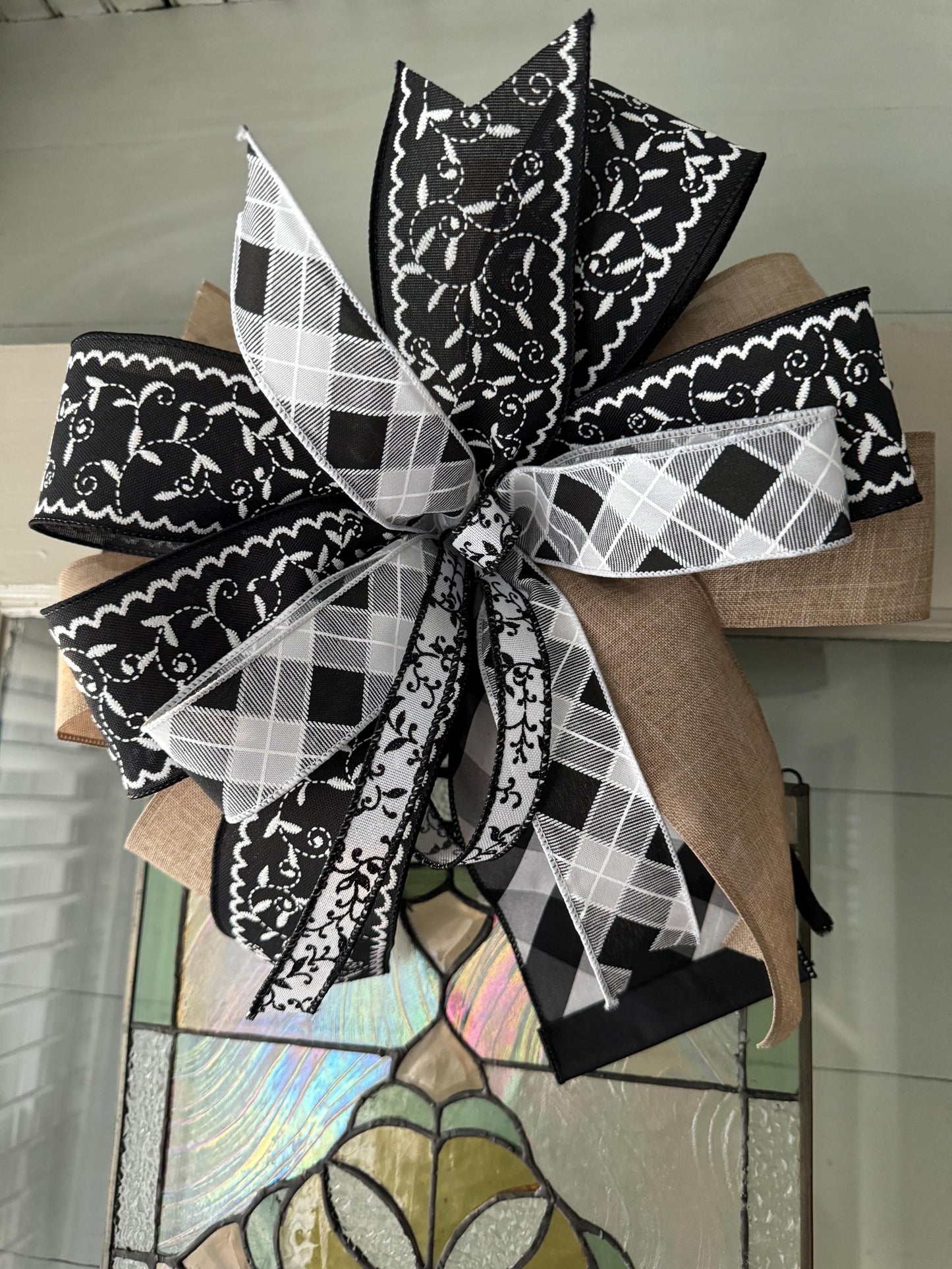 black and white floral ribbon with burlap ribbon. Finished bow for lanterns mantels wreaths door hanger gifts and more. Big Bow