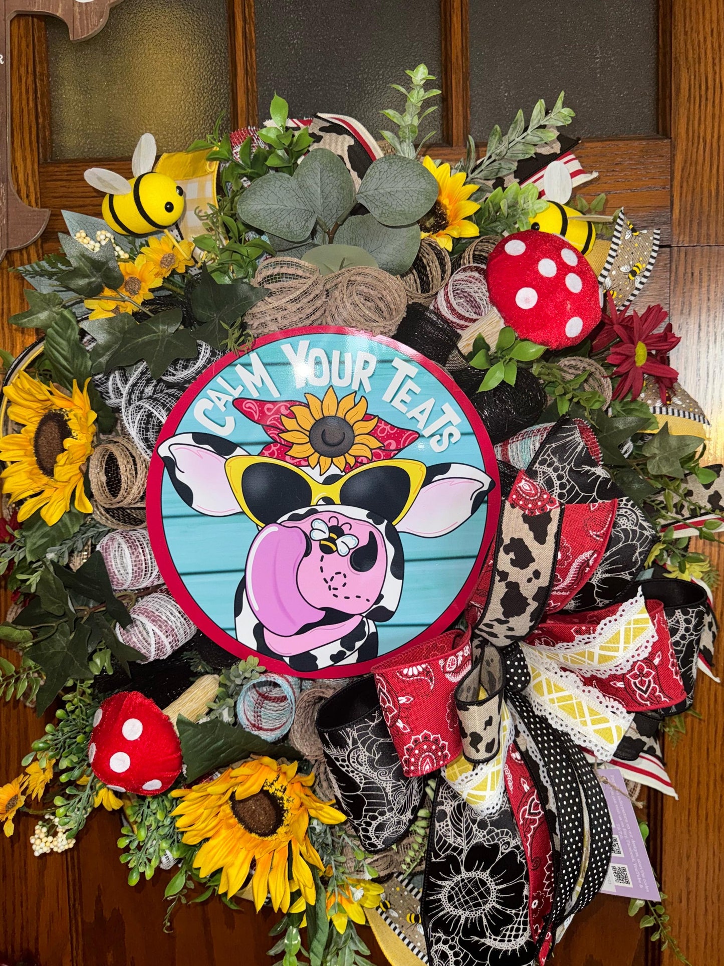 Cow Wreath Funny Door Decor Summer Wreath Wall Decor Farmhouse Wall Decor Cow Porch Decor Large Cow Wreath Sunflower Wreath Mushroom Wreath