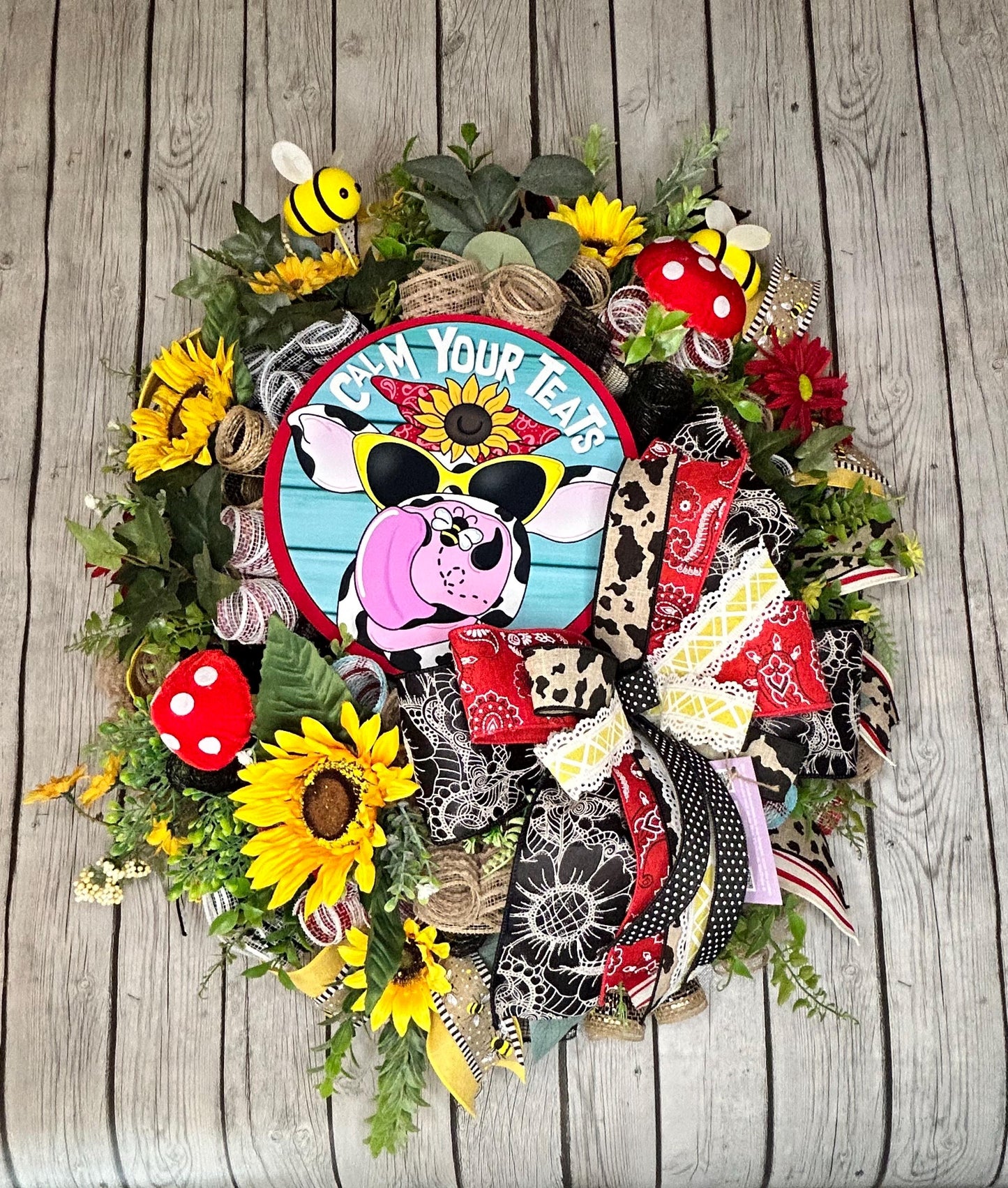 Cow Wreath Funny Door Decor Summer Wreath Wall Decor Farmhouse Wall Decor Cow Porch Decor Large Cow Wreath Sunflower Wreath Mushroom Wreath