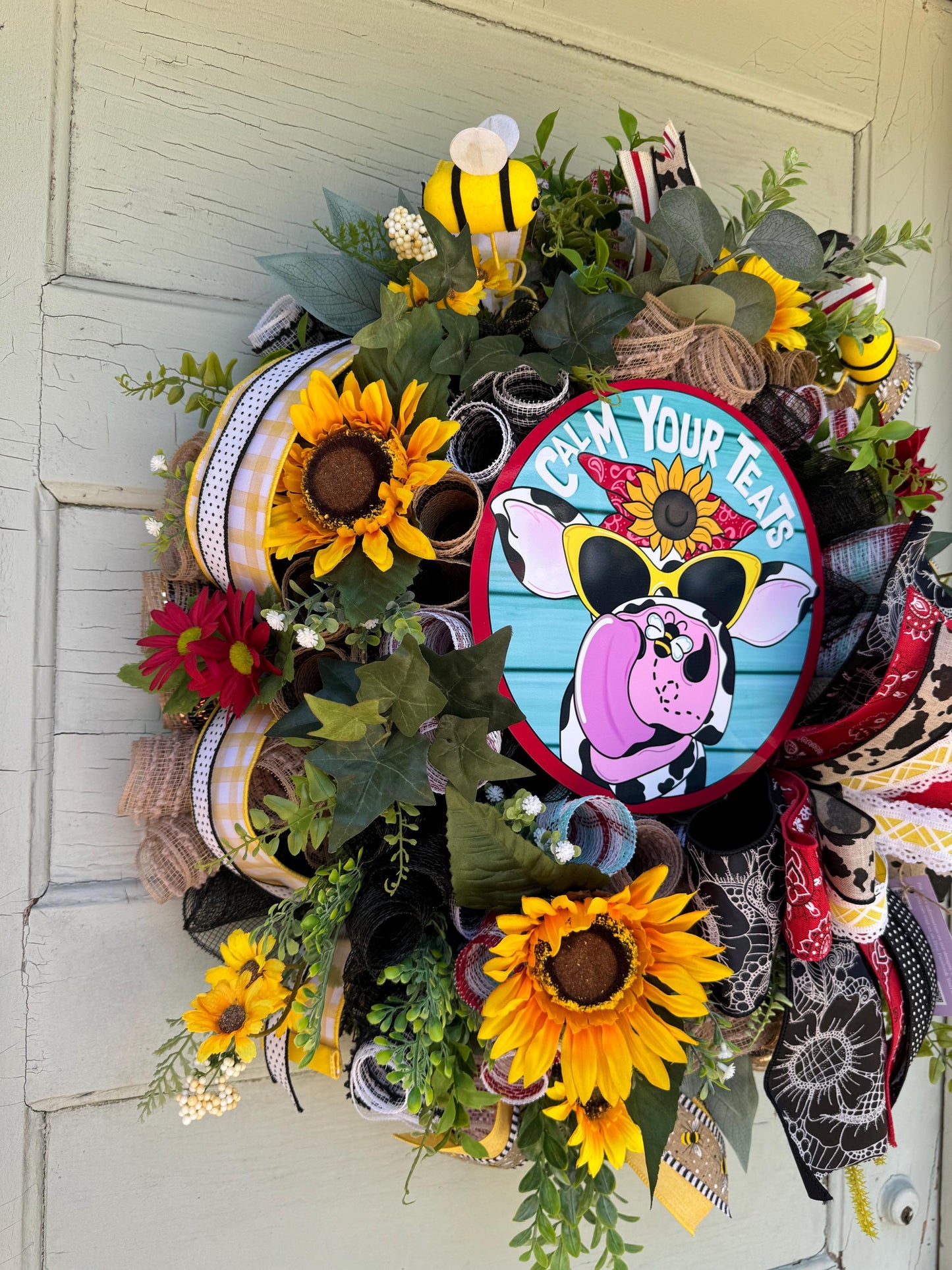 Cow Wreath Funny Door Decor Summer Wreath Wall Decor Farmhouse Wall Decor Cow Porch Decor Large Cow Wreath Sunflower Wreath Mushroom Wreath