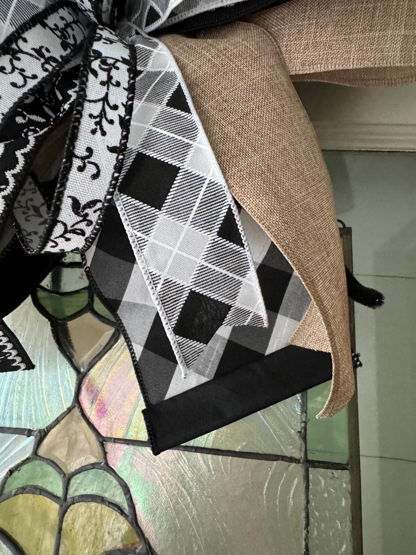 black and white floral ribbon with burlap ribbon. Finished bow for lanterns mantels wreaths door hanger gifts and more. Big Bow