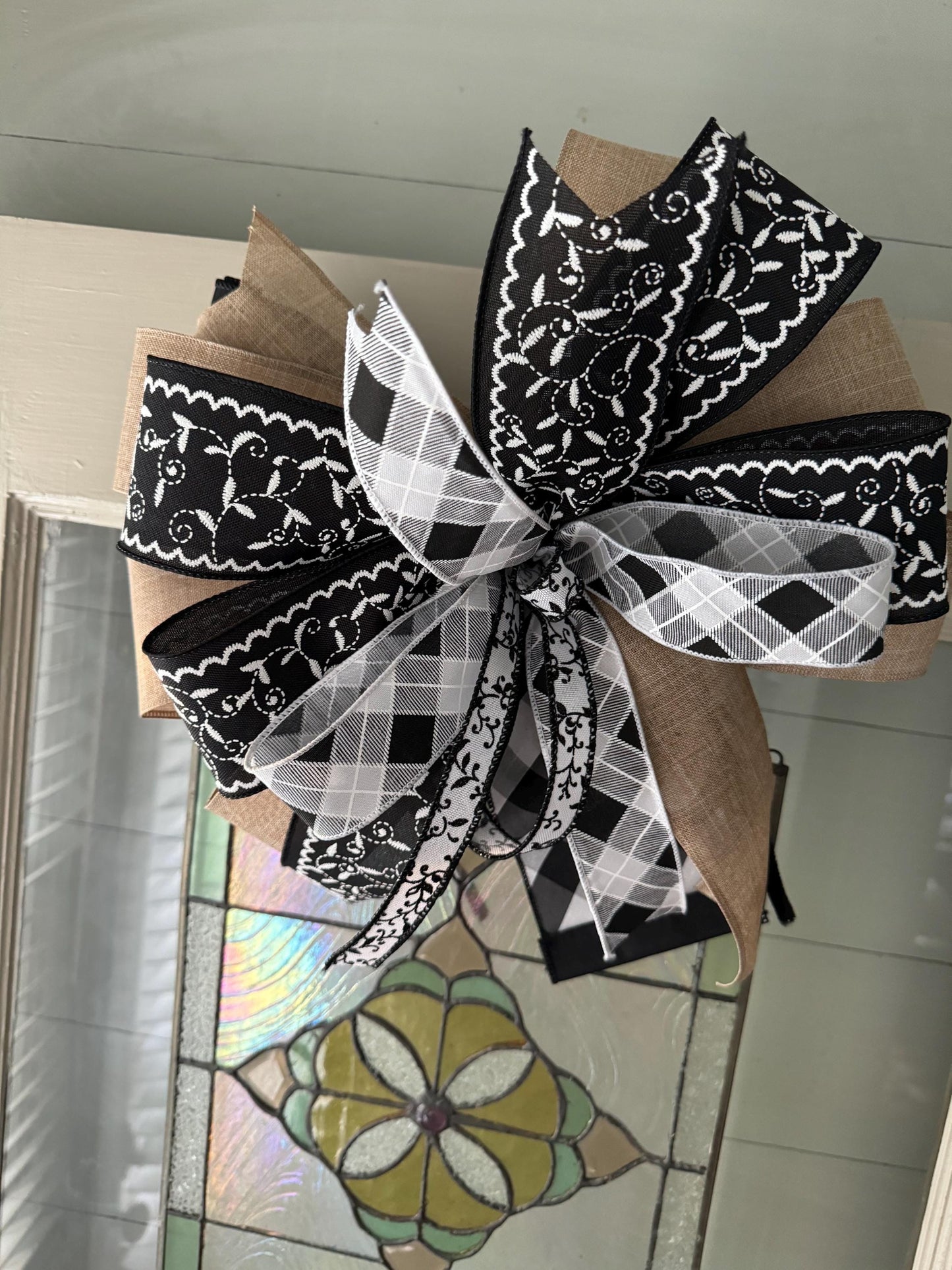 black and white floral ribbon with burlap ribbon. Finished bow for lanterns mantels wreaths door hanger gifts and more. Big Bow