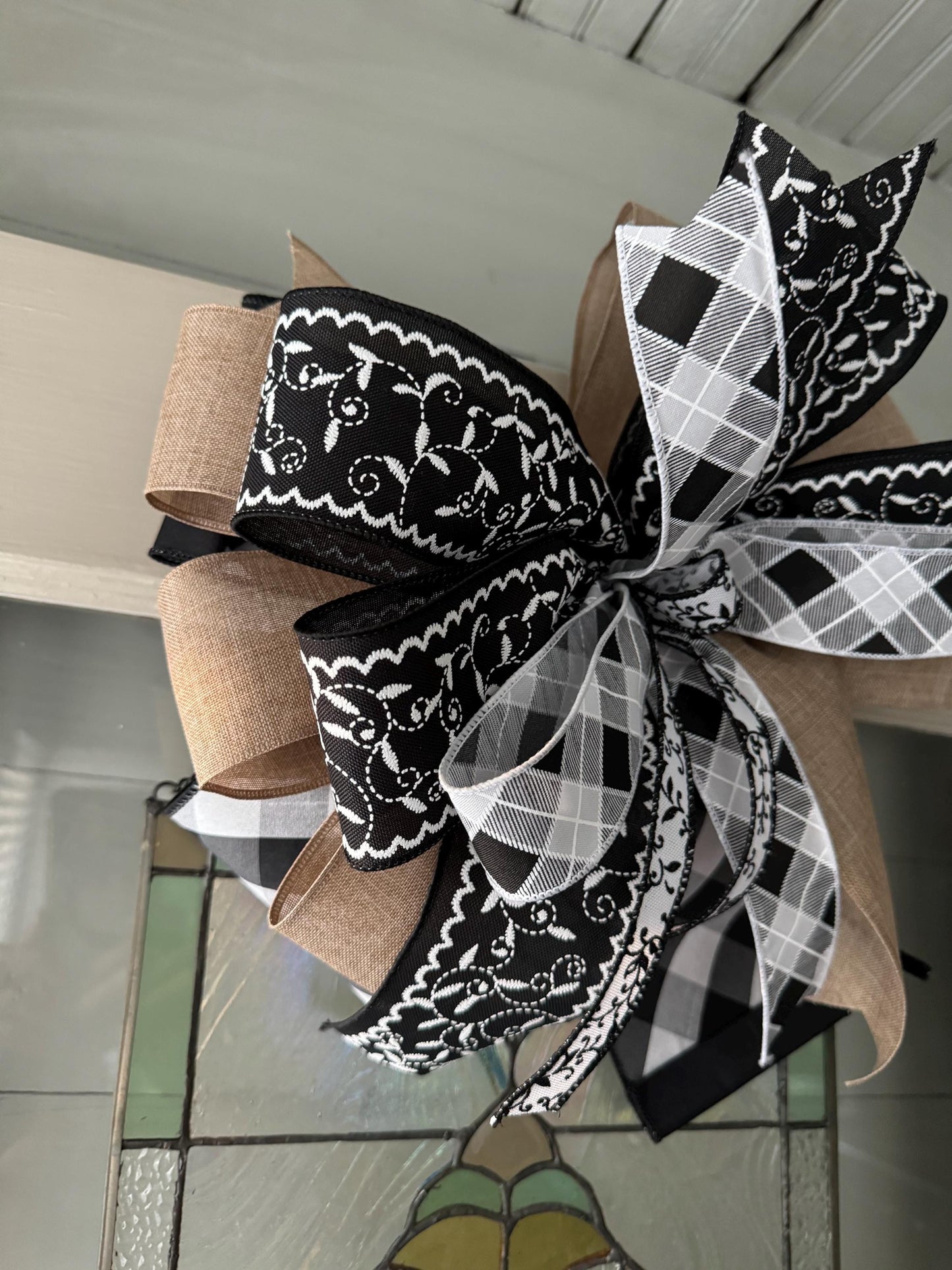 black and white floral ribbon with burlap ribbon. Finished bow for lanterns mantels wreaths door hanger gifts and more. Big Bow