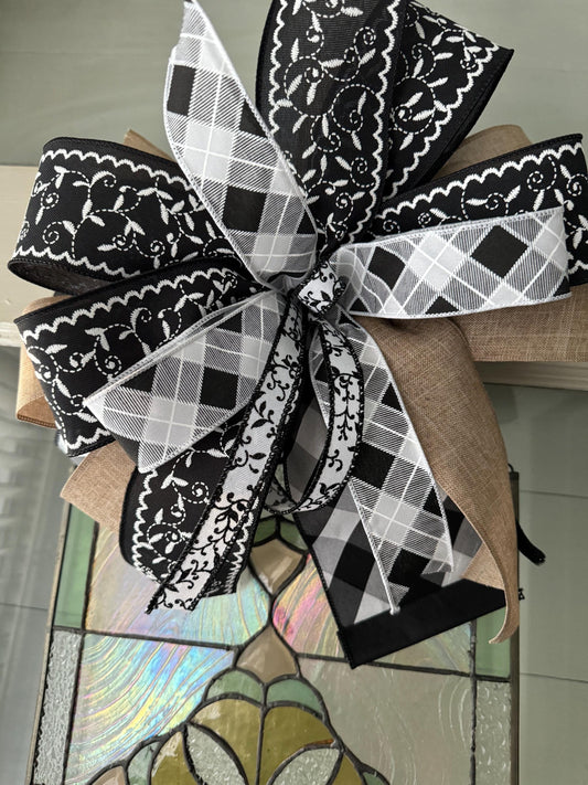black and white floral ribbon with burlap ribbon. Finished bow for lanterns mantels wreaths door hanger gifts and more. Big Bow