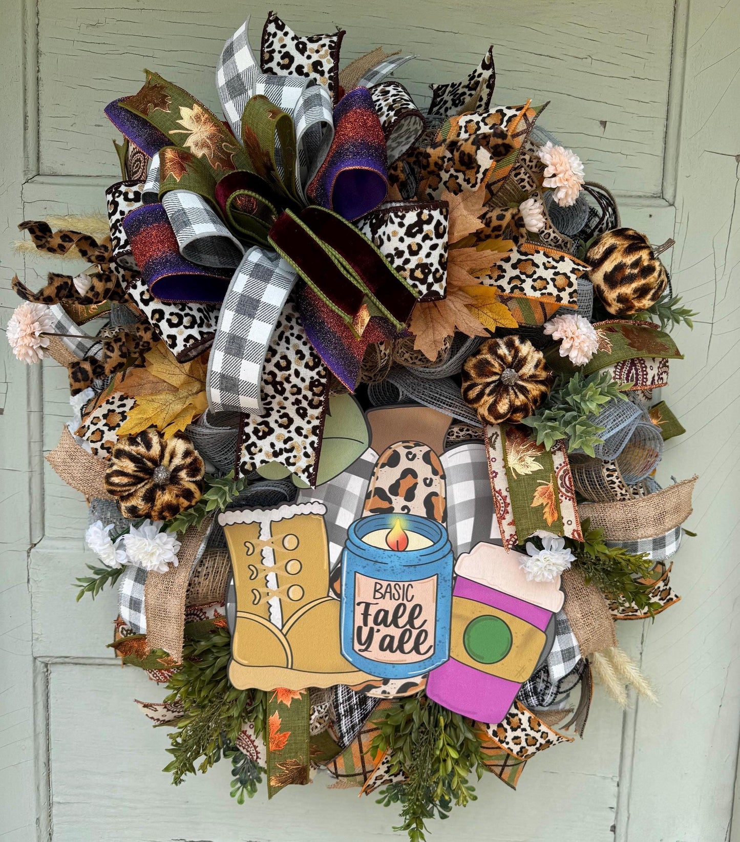 Leopard Print Pumpkin Fall Wreath, Fall Door Decor with Leopard Print, Rustic Fall Wreath, Autumn Door Decor, Large Fall Wreath