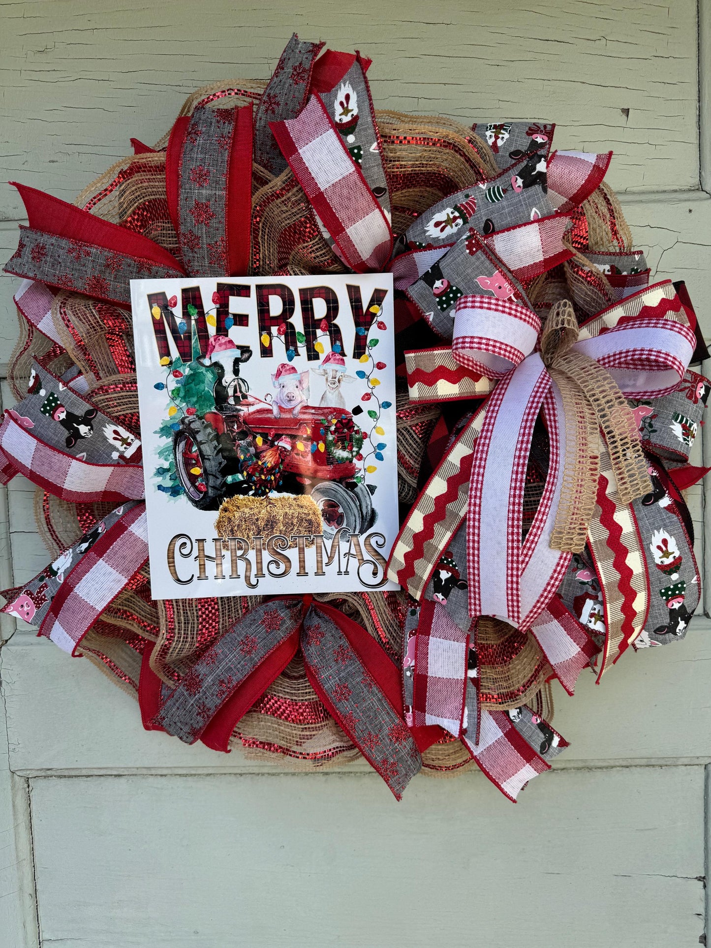 Rustic Farmhouse Christmas wreath, Farm animals Christmas wreath, Cow Pig and Goat wreath, Farm wreath, Country wreath, Slim wreath