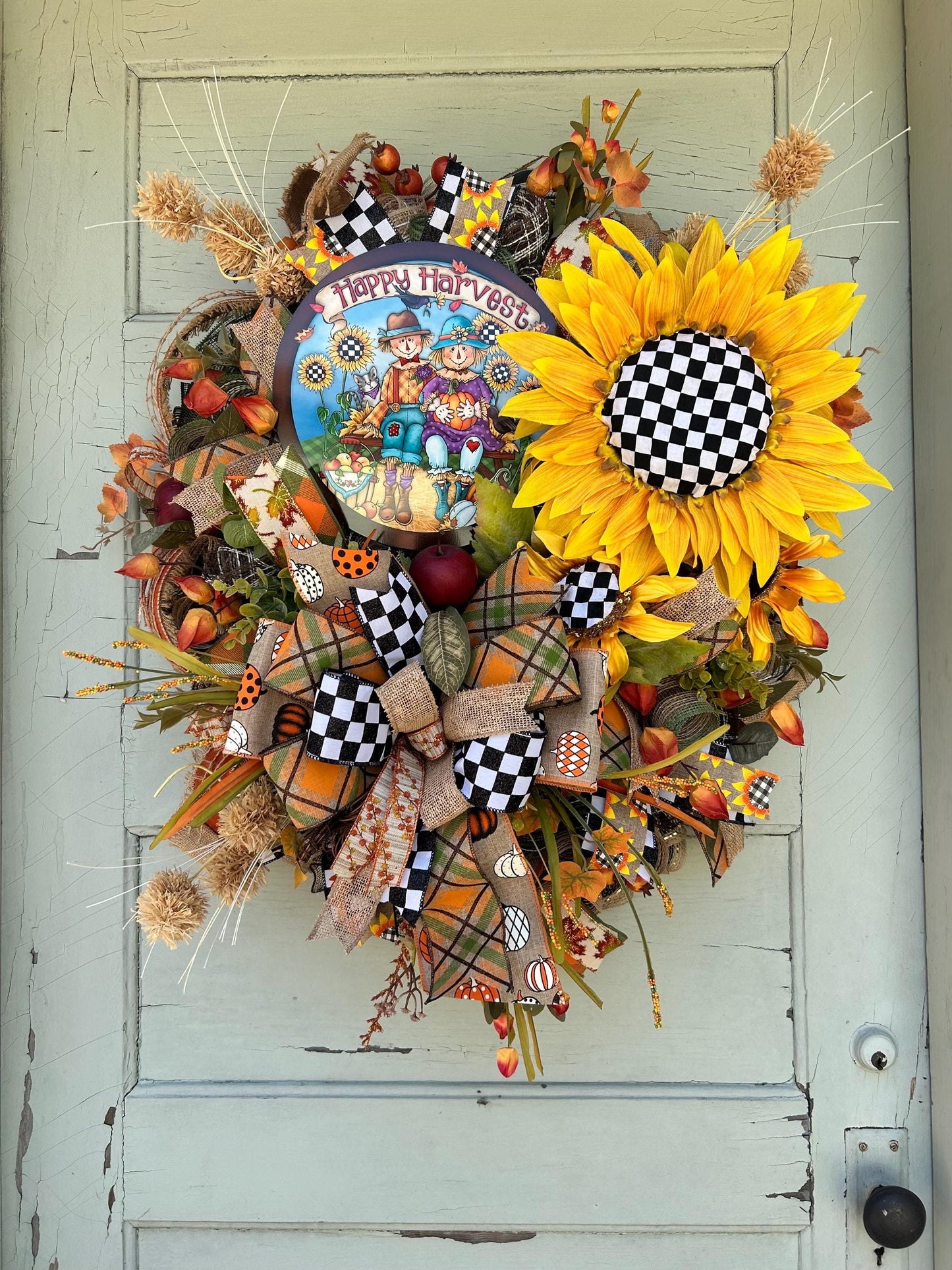 Fall Scarecrow Wreath Sunflower Wall Deco Fall Porch Decor Halloween Wreath Fall Halloween Wreath was sunflowers and scarecrow Door Wreath