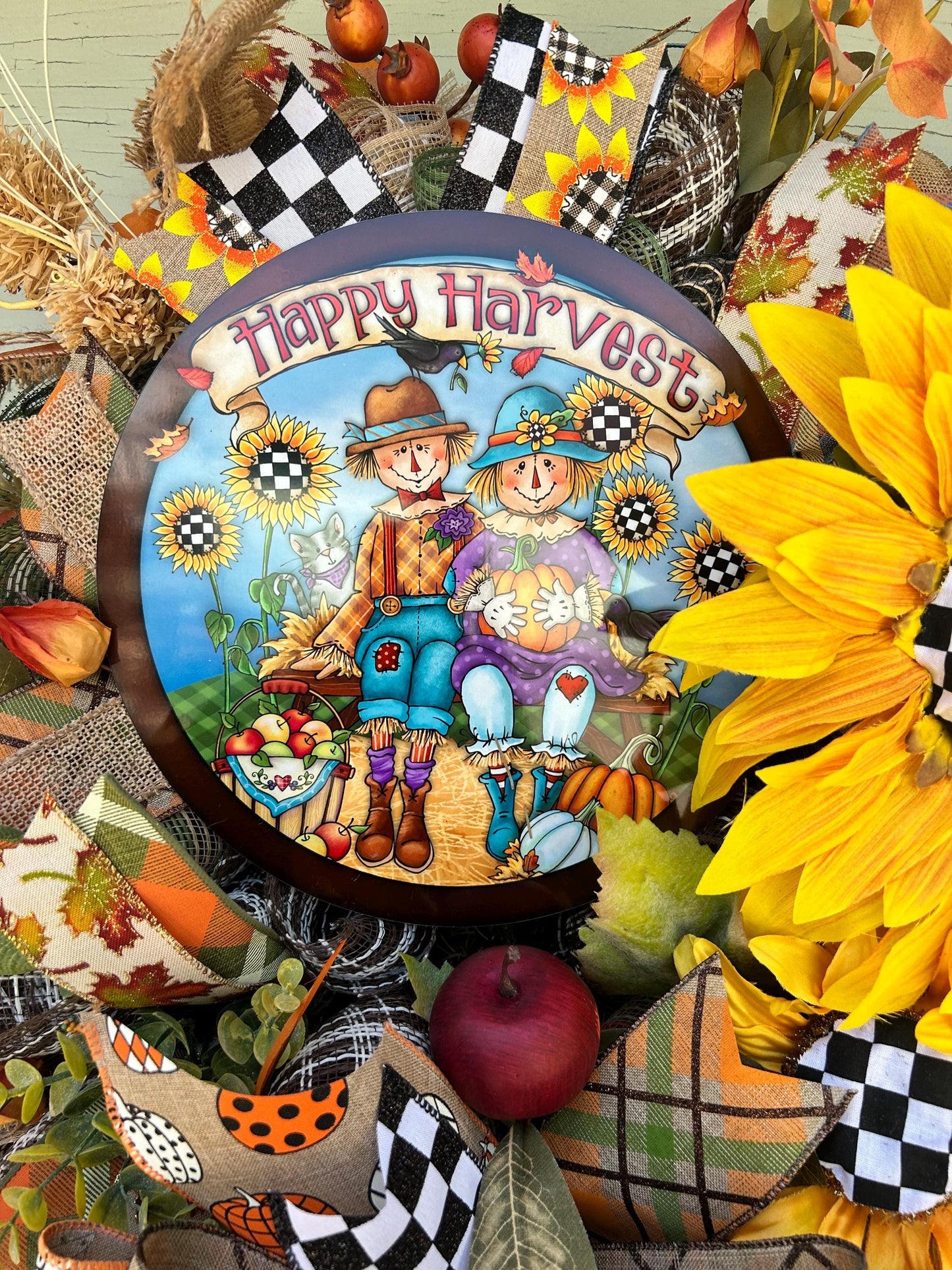 Fall Scarecrow Wreath Sunflower Wall Deco Fall Porch Decor Halloween Wreath Fall Halloween Wreath was sunflowers and scarecrow Door Wreath