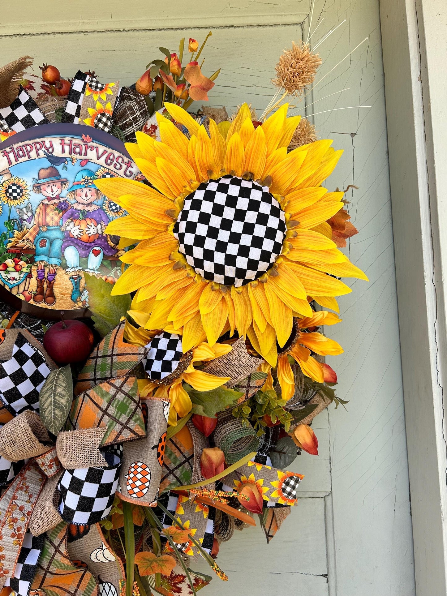 Fall Scarecrow Wreath Sunflower Wall Deco Fall Porch Decor Halloween Wreath Fall Halloween Wreath was sunflowers and scarecrow Door Wreath