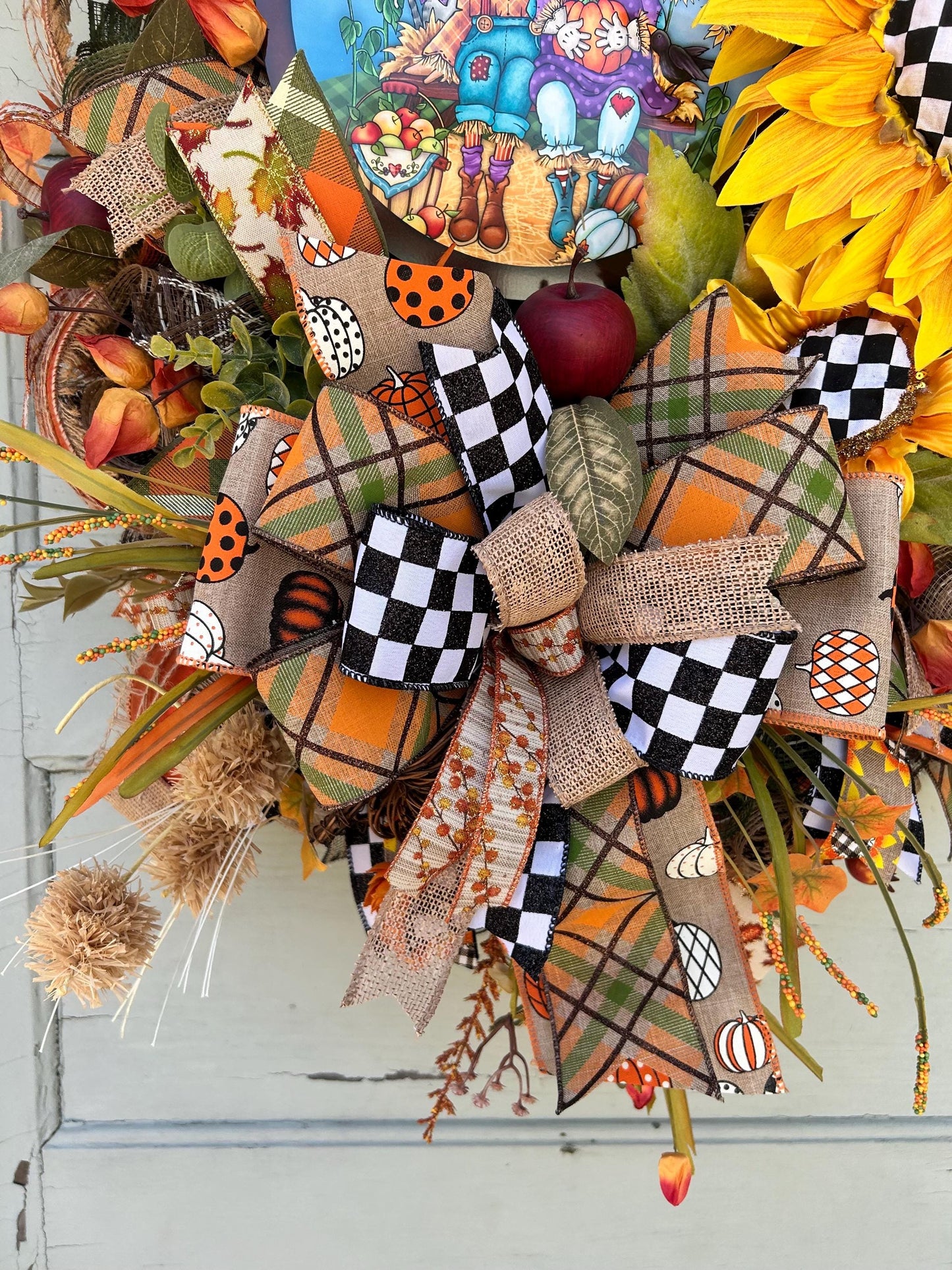 Fall Scarecrow Wreath Sunflower Wall Deco Fall Porch Decor Halloween Wreath Fall Halloween Wreath was sunflowers and scarecrow Door Wreath
