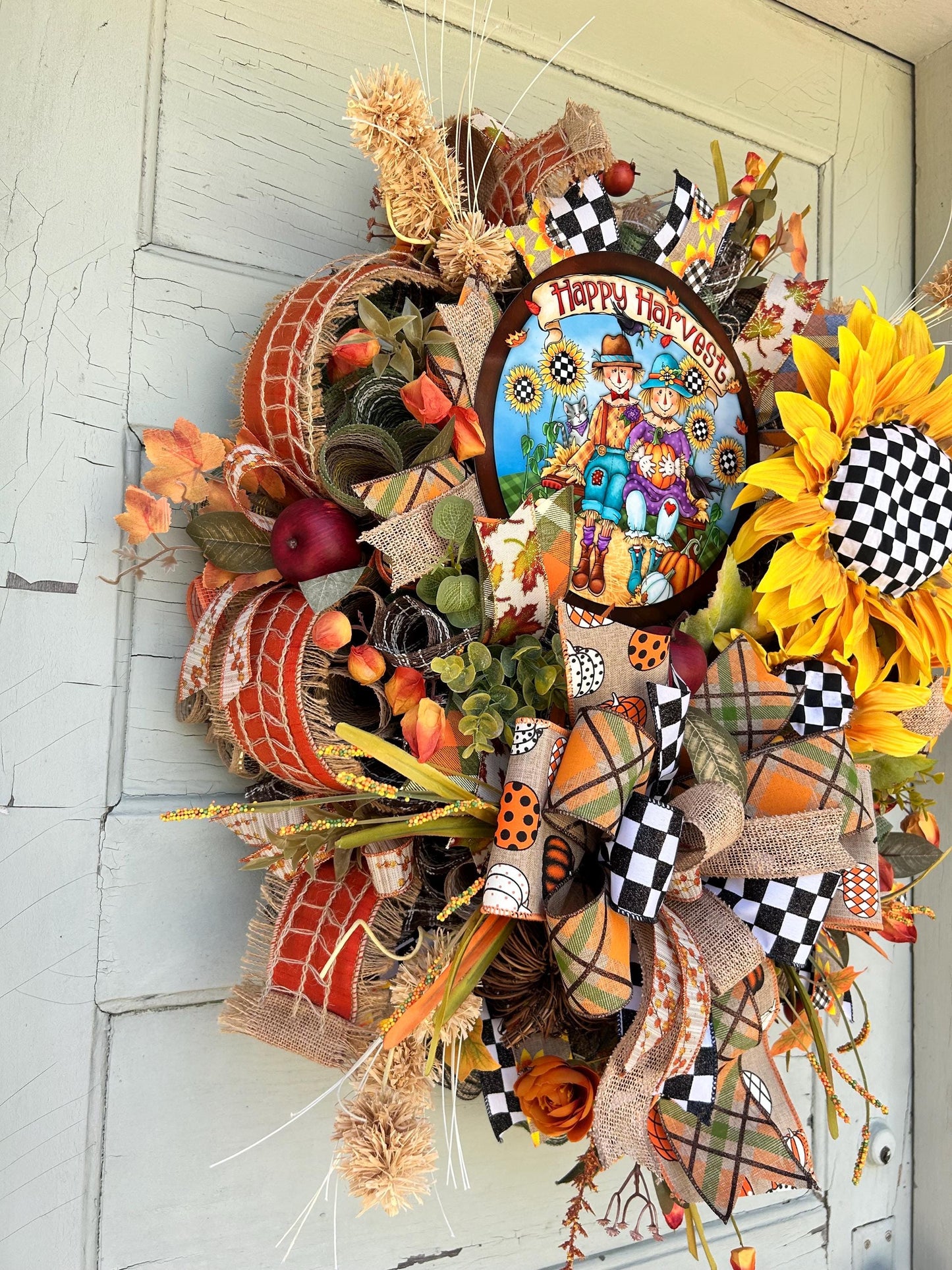 Fall Scarecrow Wreath Sunflower Wall Deco Fall Porch Decor Halloween Wreath Fall Halloween Wreath was sunflowers and scarecrow Door Wreath