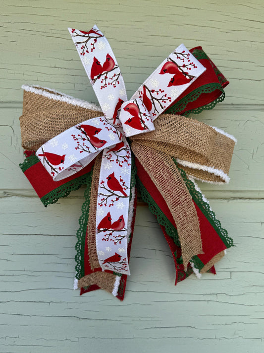 Cardinal Christmas Bow - Rustic Cardinal Tree Topper - Red and Green Holiday Bow - Burlap Winter Bow - Christmas Wreath Bow, Natural Bow