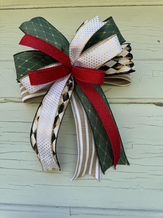 Elegant Green and Gold Christmas Bow - Rustic Glam Holiday Bow - Farmhouse Tree Topper Bow - Red and Black Plaid Bow - Handmade Wreath Bow