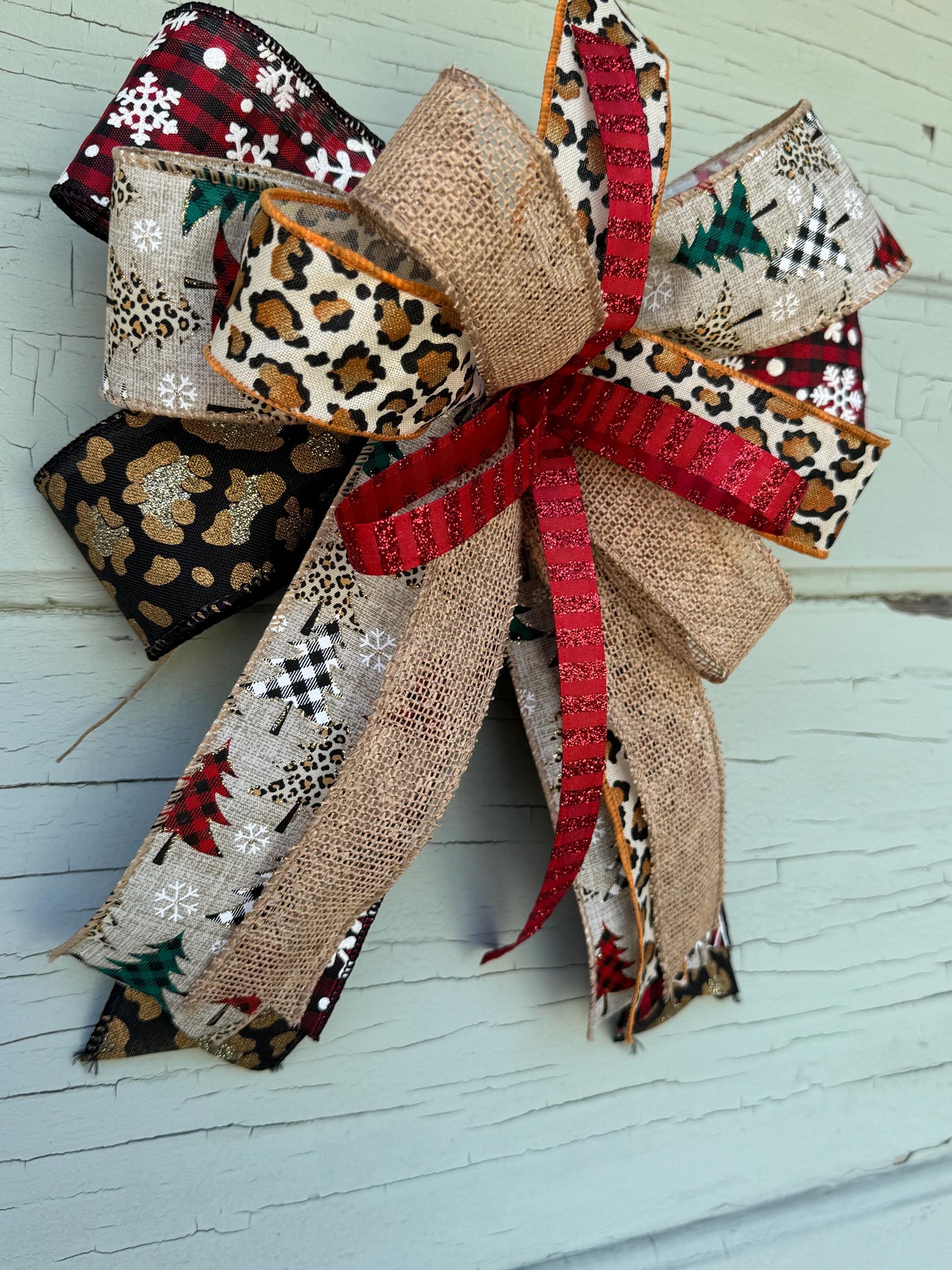 Leopard Print Christmas Bow - Rustic Glam Tree Topper - Burlap and Plaid Holiday Bow - Farmhouse Animal Print Wreath Bow -Fun Winter Bow