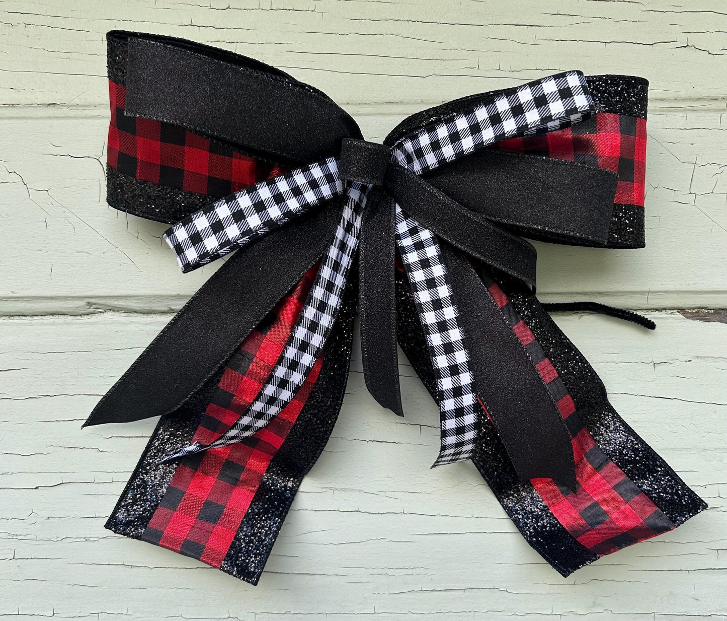 Red Buffalo Plaid and black glitter Bow, Winter Bow, Designer Ribbon Bow, Woodland Christmas Bow