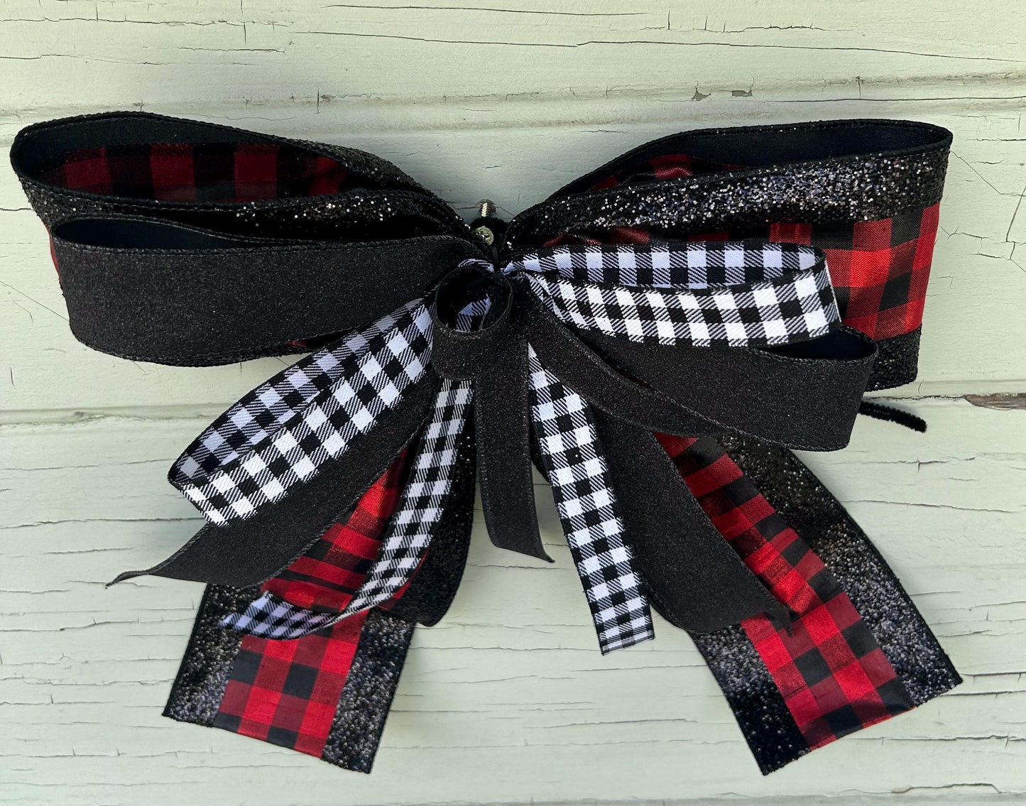Red Buffalo Plaid and black glitter Bow, Winter Bow, Designer Ribbon Bow, Woodland Christmas Bow