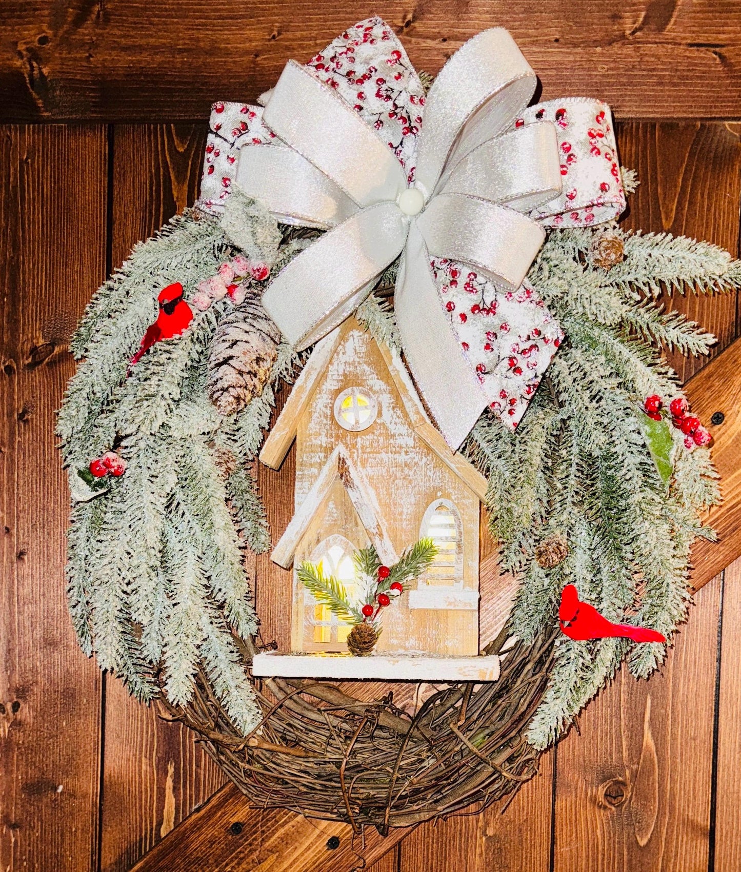 Winter Light church Wreath, woodland grapevine wreath, natural light up wreath, winter wreath, Natural Christmas Decoration