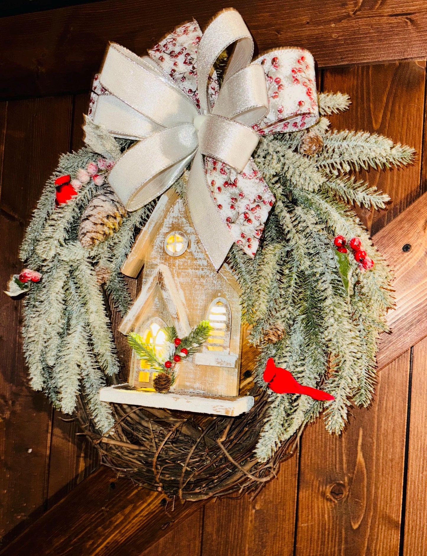 Winter Light church Wreath, woodland grapevine wreath, natural light up wreath, winter wreath, Natural Christmas Decoration